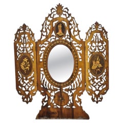 19th C Italian Sorrento Folding Marquetry Inlay Small Picture Frame Wall Mirror