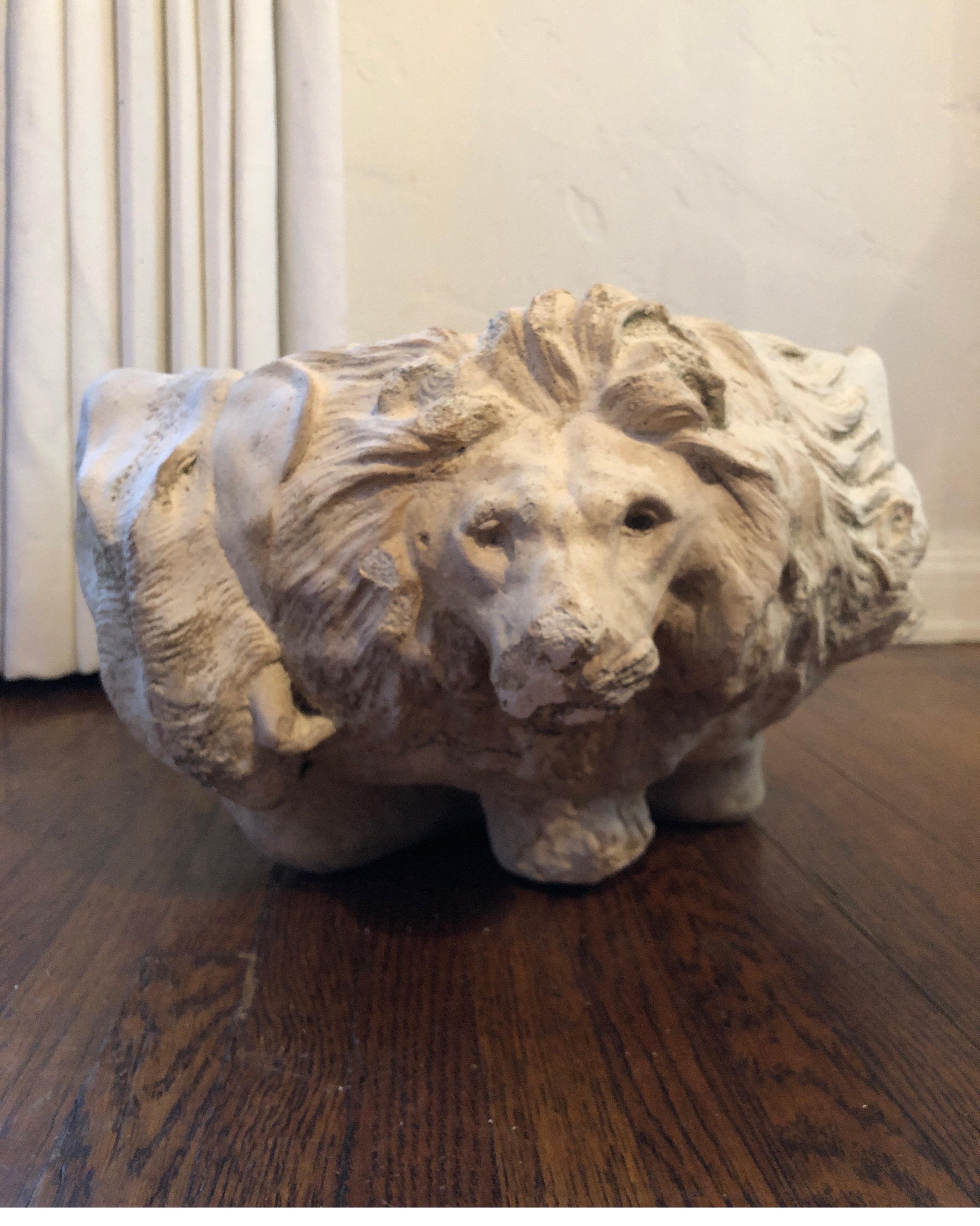 Italian Stone Garden Urn/Planter/Jardinière with Lion and Animal Faces In Distressed Condition For Sale In Los Angeles, CA