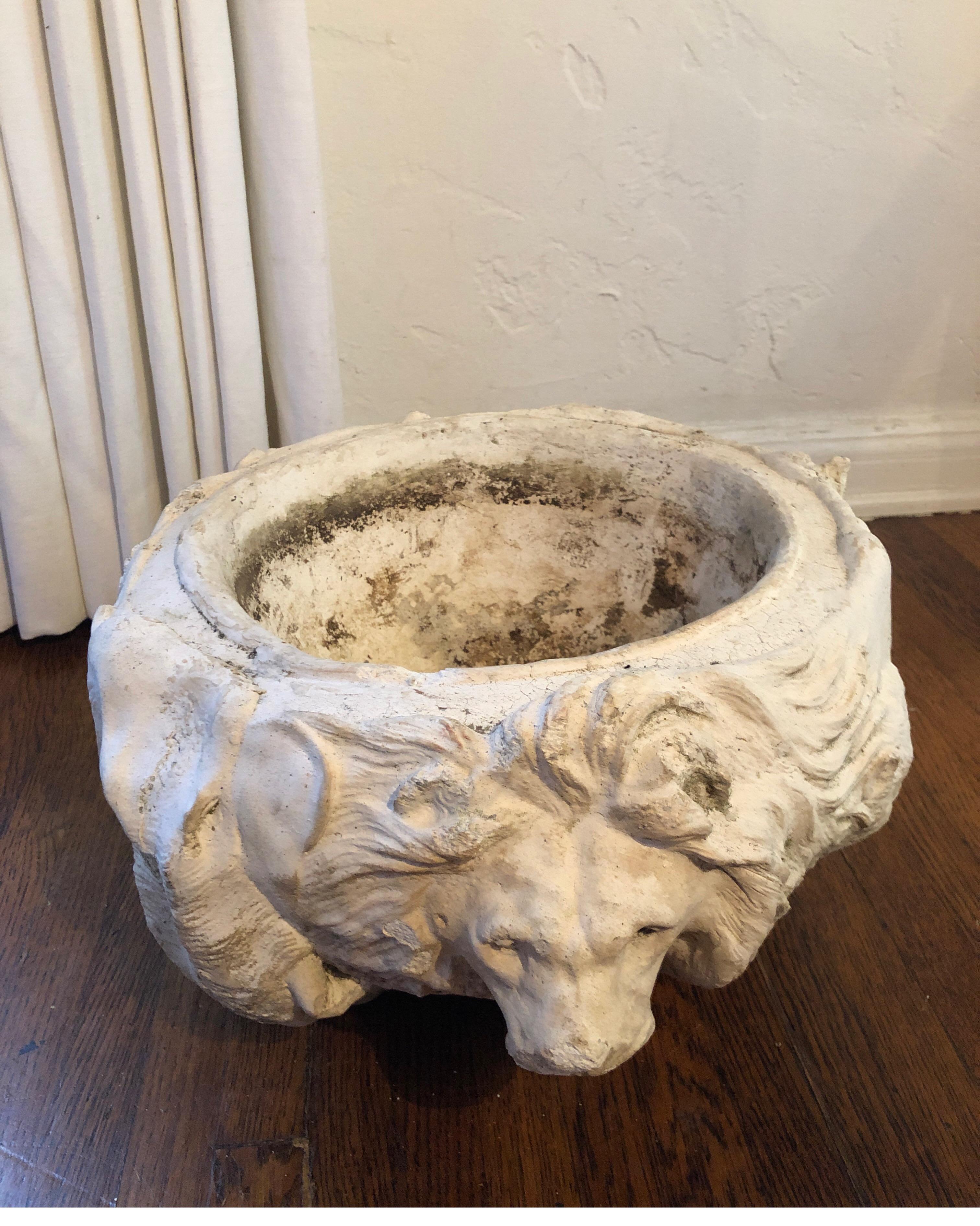 19th Century Italian Stone Garden Urn/Planter/Jardinière with Lion and Animal Faces For Sale