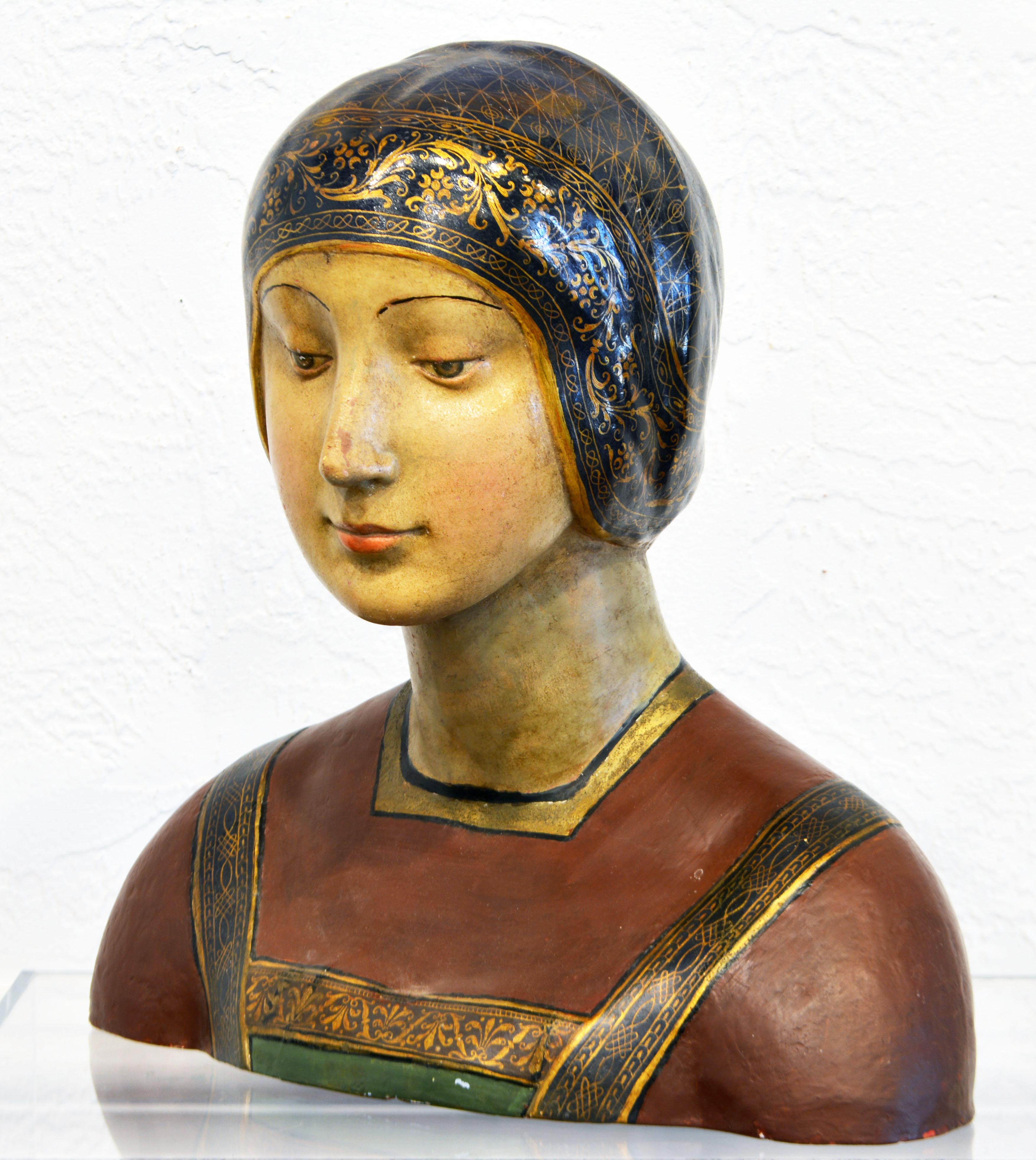 This superbly painted and gilt decorated renaissance style terracotta bust is based on a sculpture of a young woman often referred to as Isabella of Aragon by Francesco Laurana (Late 15th century). During the 19th century and into the early 20th