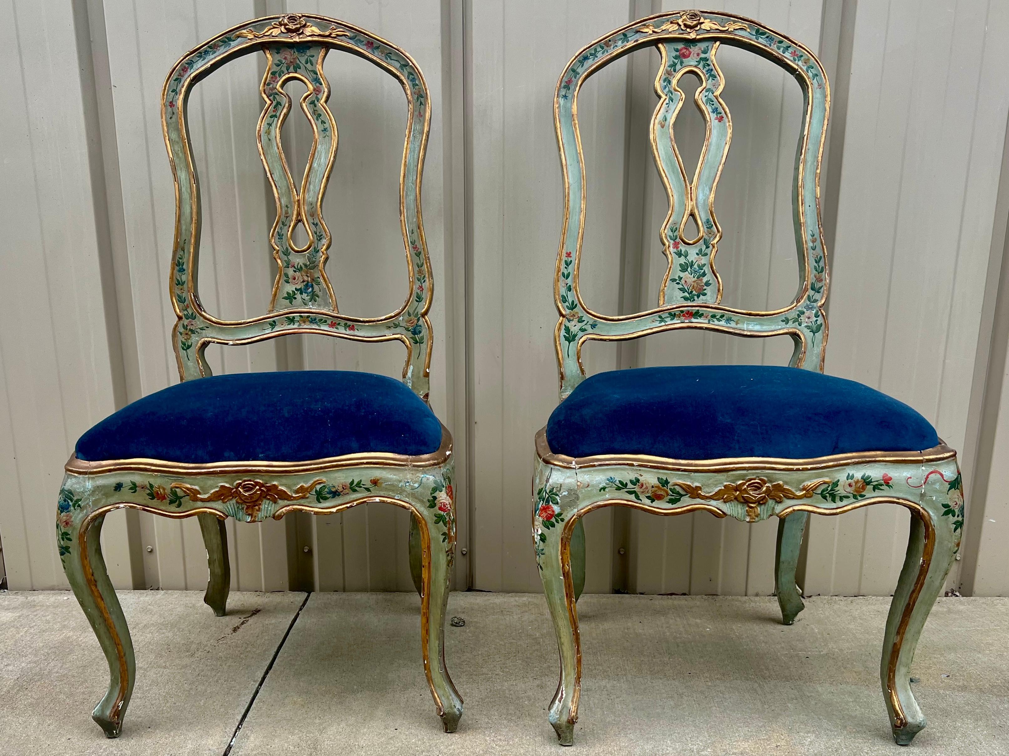 19th-C. Italian / Venetian Celadon Floral Painted Side Chairs In Blue Velvet- 2 For Sale 5