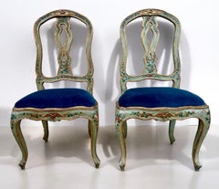 19. Jahrhundert. Italienisch / Venezianisch Celadon Floral Gemalt Beistellstühle In Blau Samt- 2