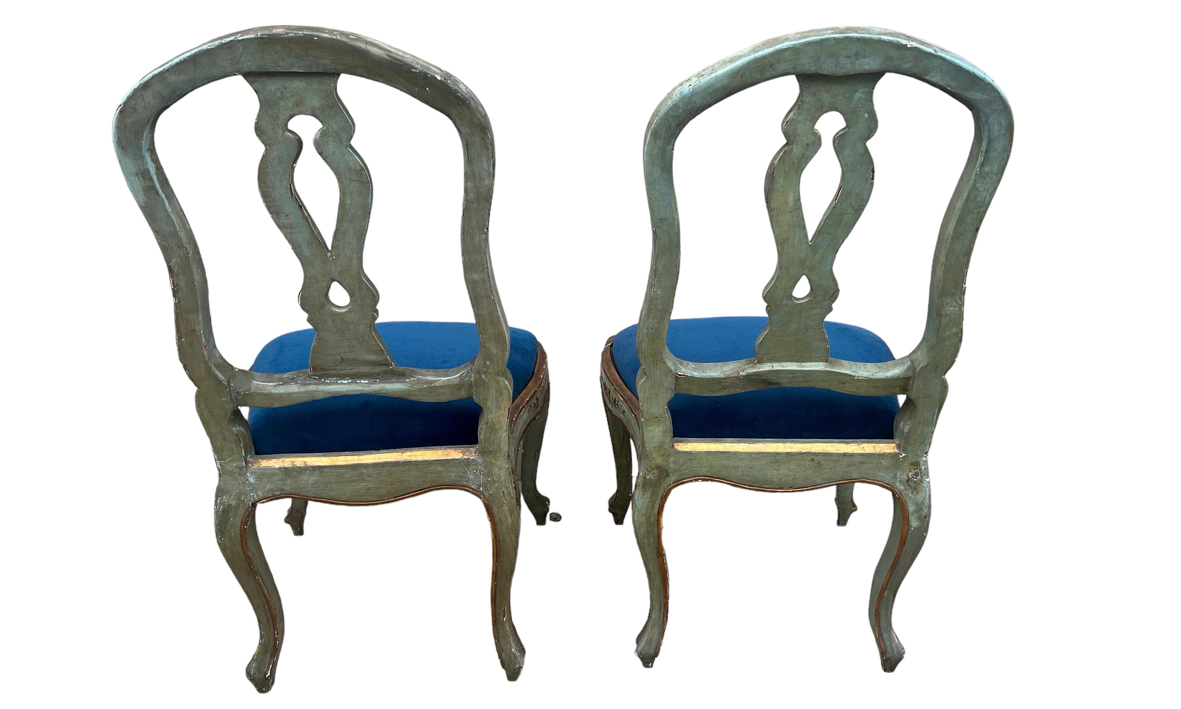 Rococo 19th-C. Italian / Venetian Celadon Floral Painted Side Chairs In Blue Velvet- 2 For Sale