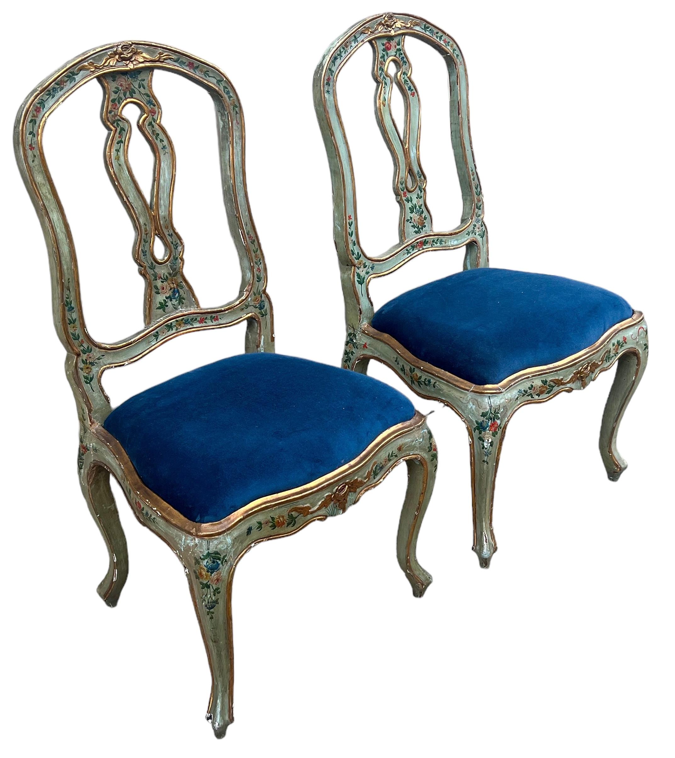 19th-C. Italian / Venetian Celadon Floral Painted Side Chairs In Blue Velvet- 2 In Good Condition For Sale In Kennesaw, GA