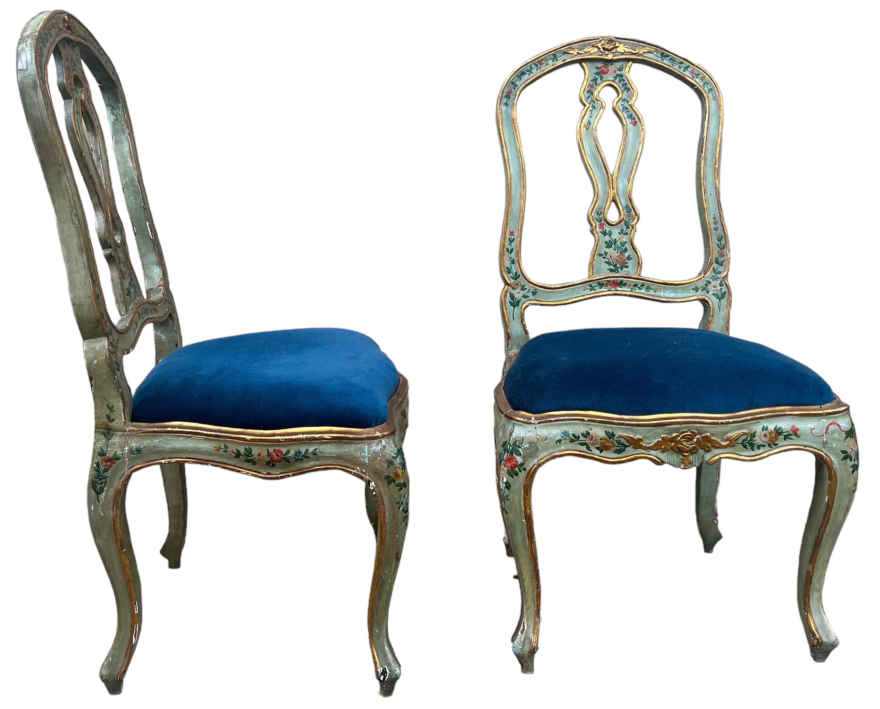 19th Century 19th-C. Italian / Venetian Celadon Floral Painted Side Chairs In Blue Velvet- 2 For Sale