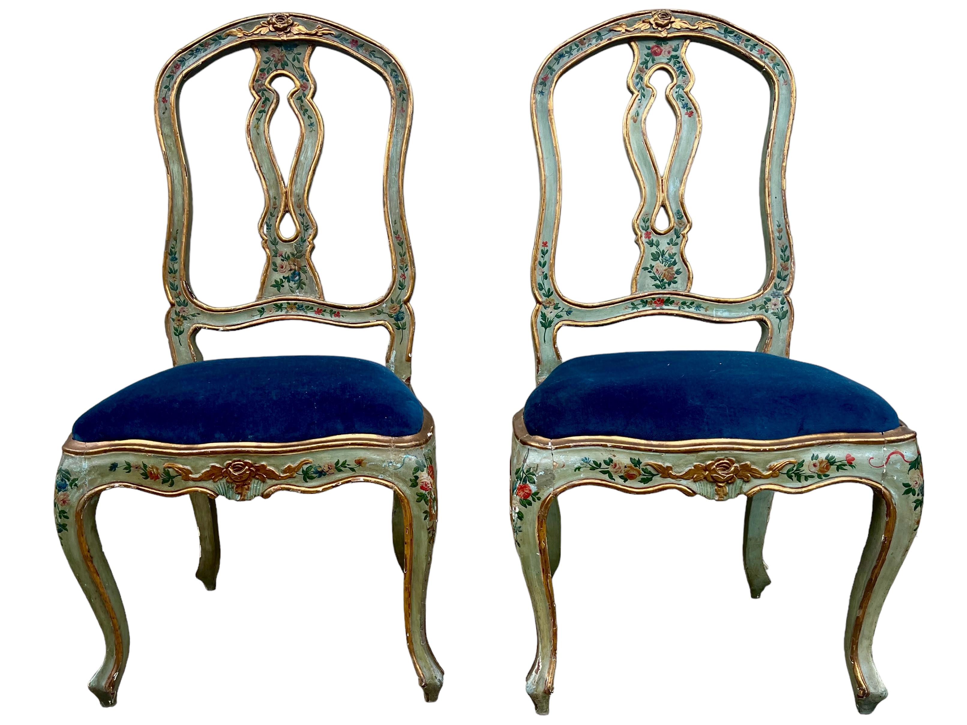 19th-C. Italian / Venetian Celadon Floral Painted Side Chairs In Blue Velvet- 2 For Sale 1