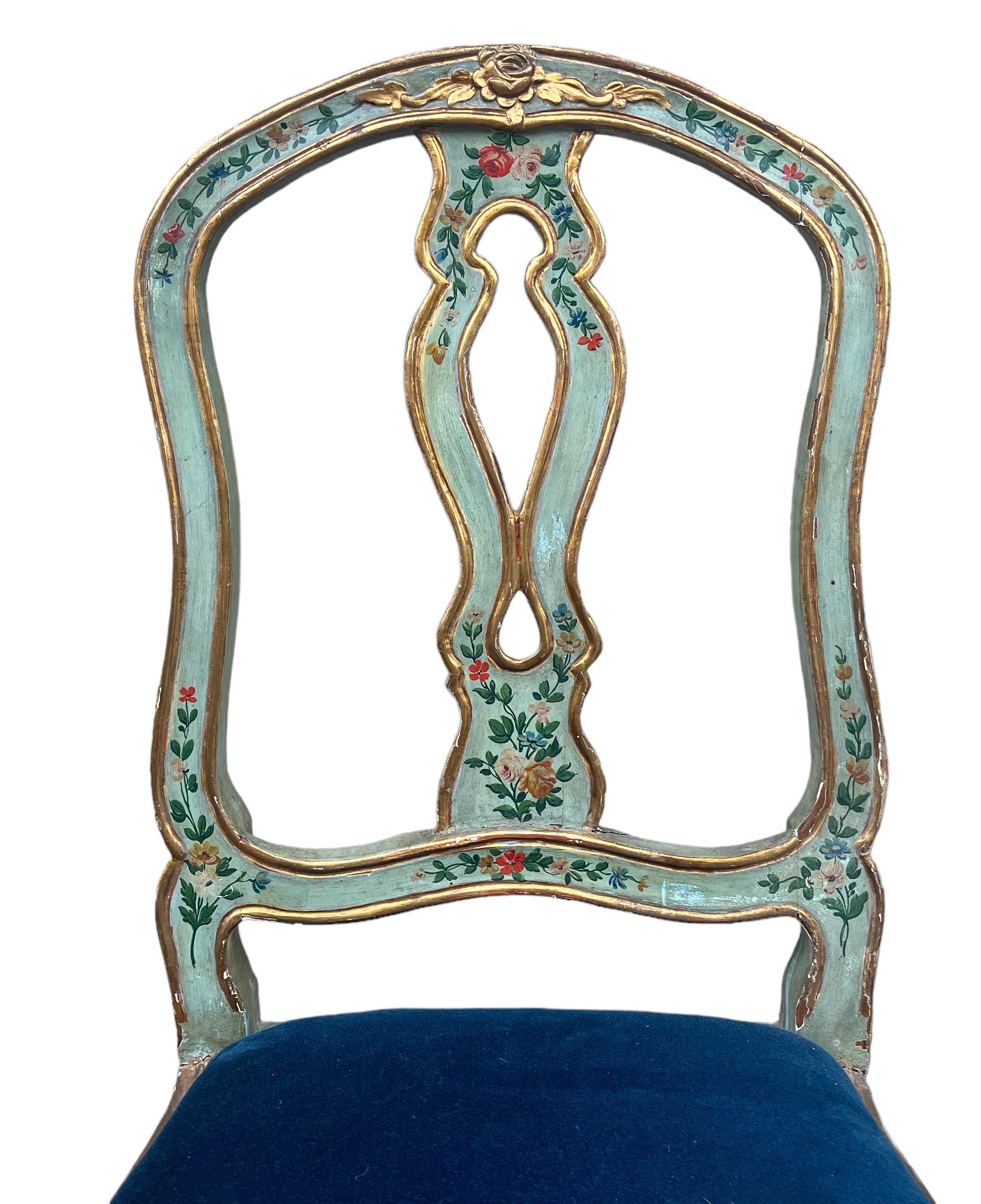 19th-C. Italian / Venetian Celadon Floral Painted Side Chairs In Blue Velvet- 2 For Sale 2