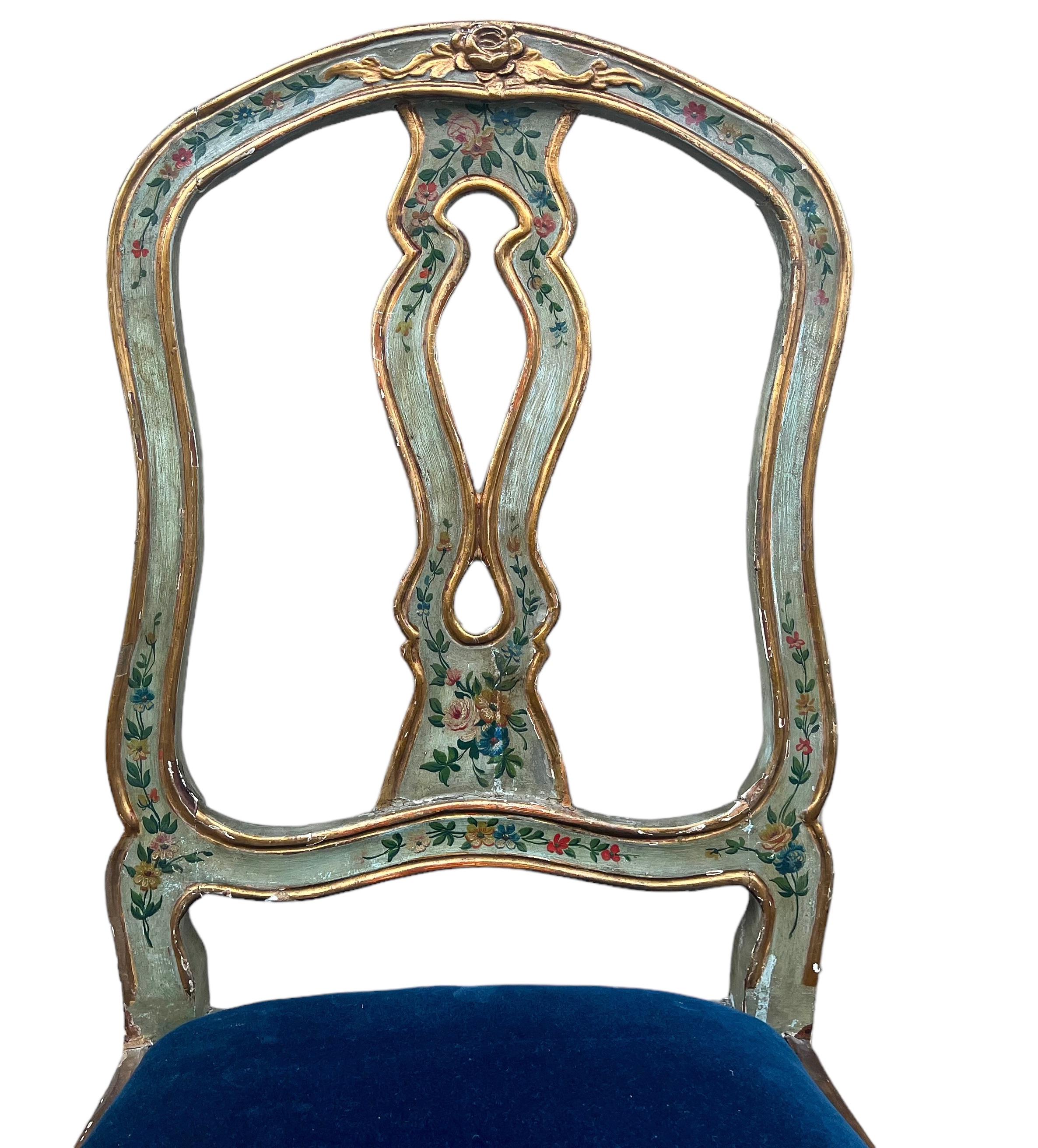 19th-C. Italian / Venetian Celadon Floral Painted Side Chairs In Blue Velvet- 2 For Sale 4