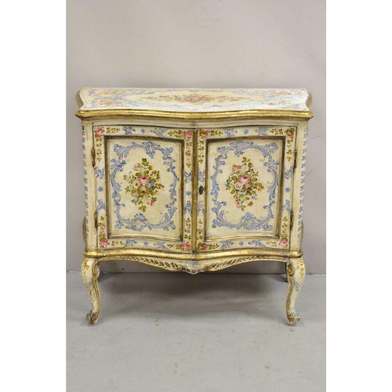 Antique 19th C. Italian Venetian Polychrome Painted Demilune Buffet Cabinet with 3 Drawers. Item features floral painted details throughout, cream and gold distressed finish with blue accents, 2 swing doors, 3 hidden drawers, very nice antique