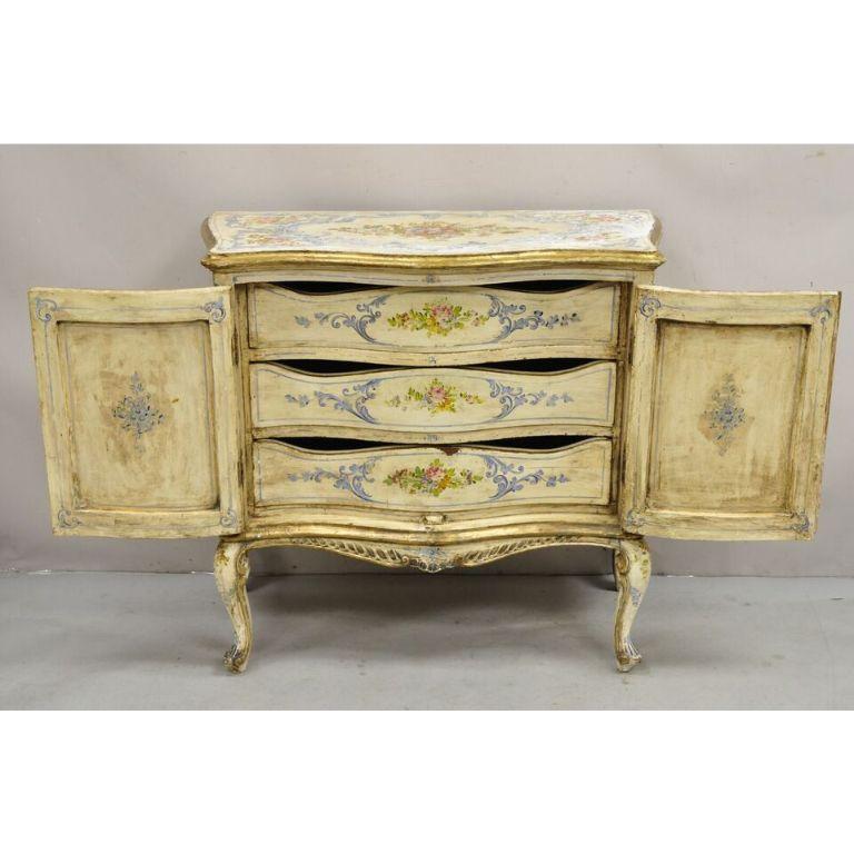 Chinoiserie 19th C. Italian Venetian Hand Painted Demilune Buffet Cabinet with 3 Drawers For Sale