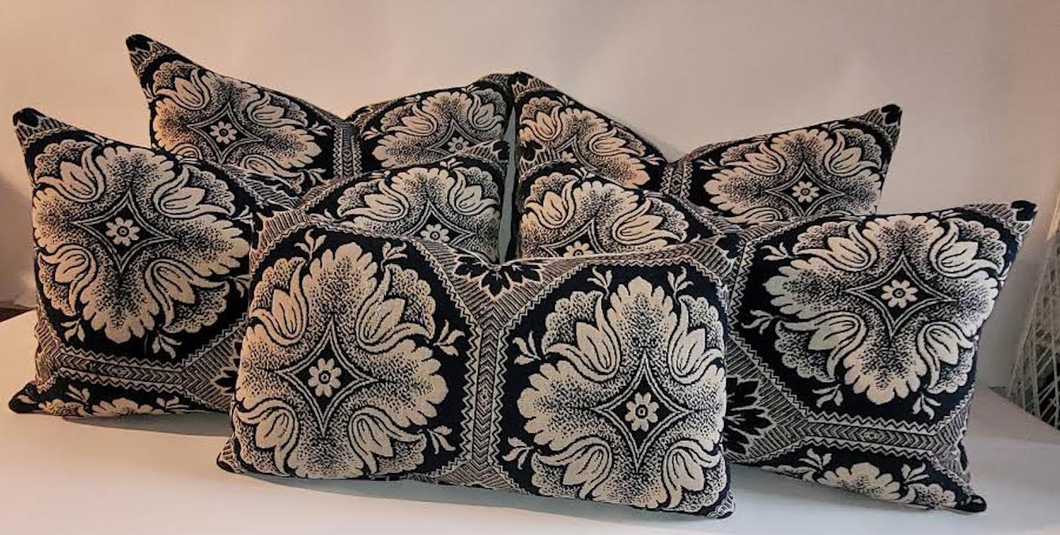 19th Century 19th C Jacquard Coverlette Blue /White Pillows 'Collection of 5' For Sale