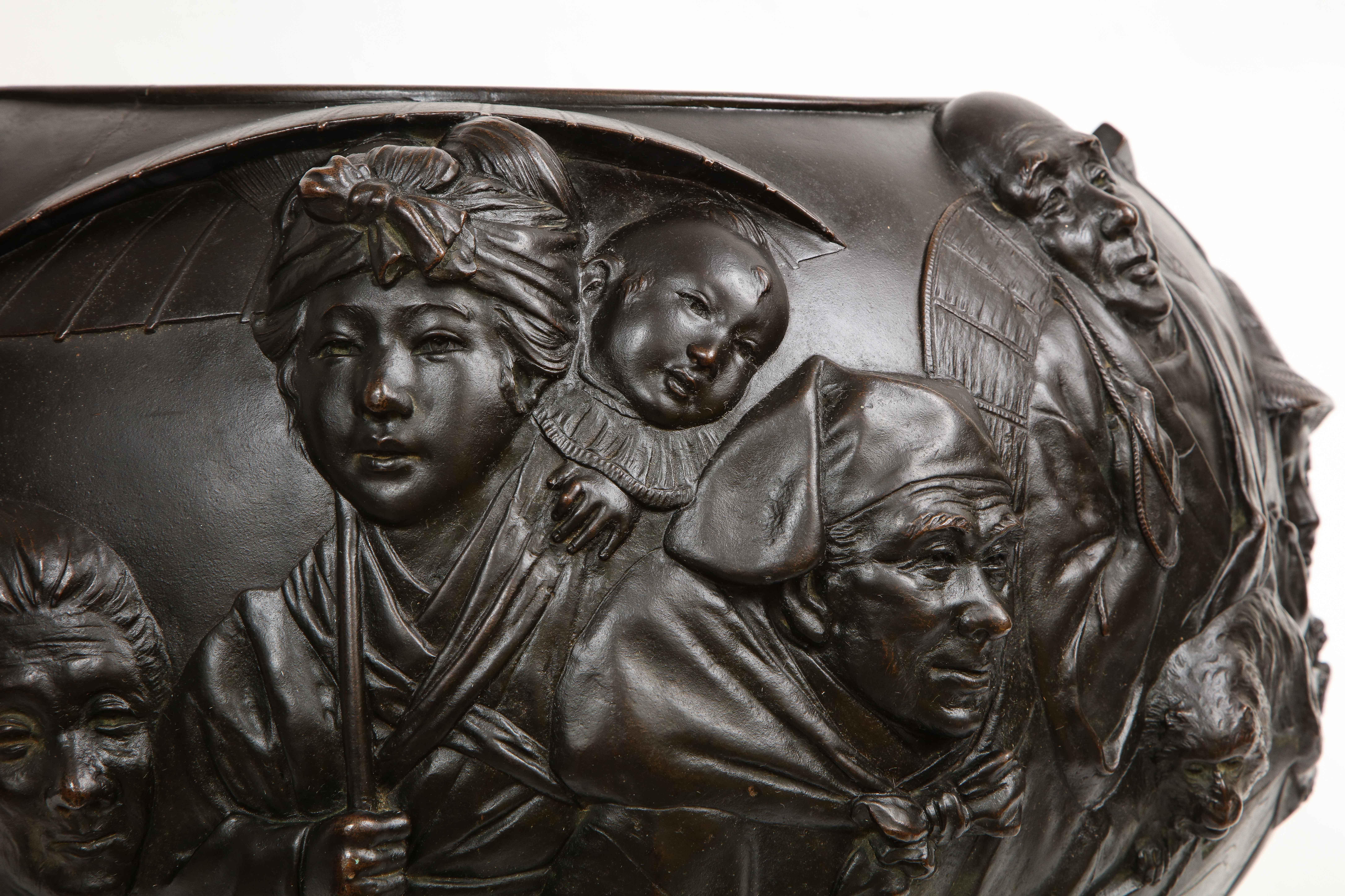 Meiji Japanese Bronze Jardinière Japanese People on a Boat, Genryusai Seiya Zo For Sale 3