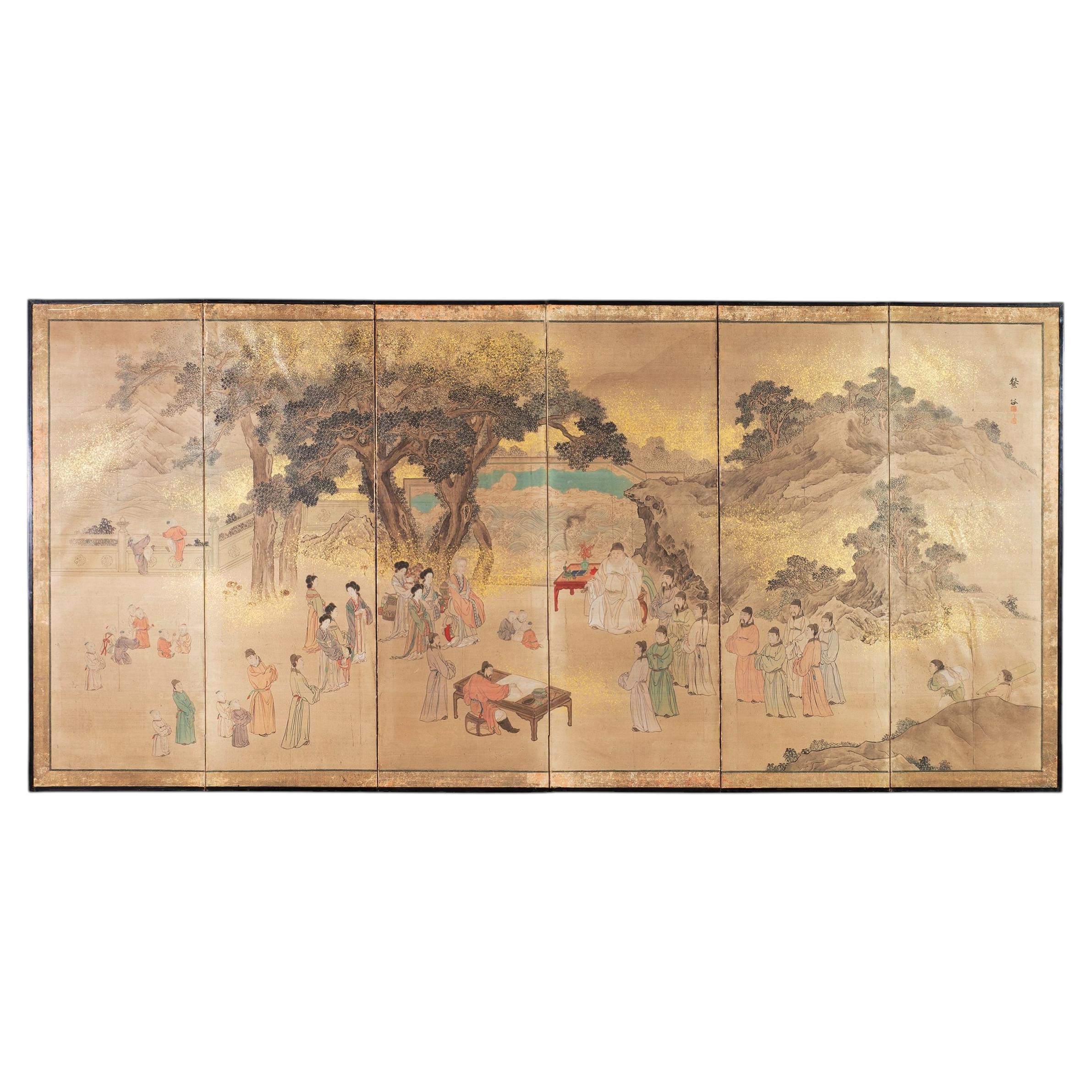 19th C. Japanese Edo Six Panel Screen Chinese Official's Gathering