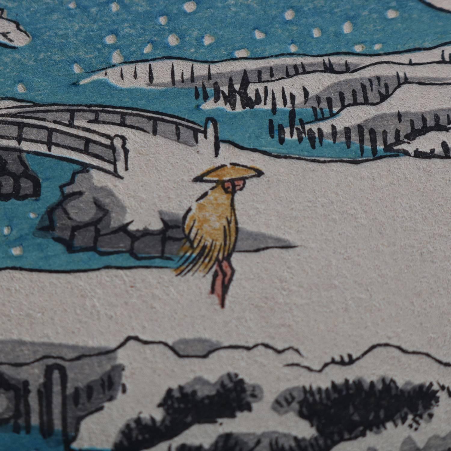Japonais Gravure sur bois de l'école japonaise Hiroshige:: scène de pagode d'hiver:: signée