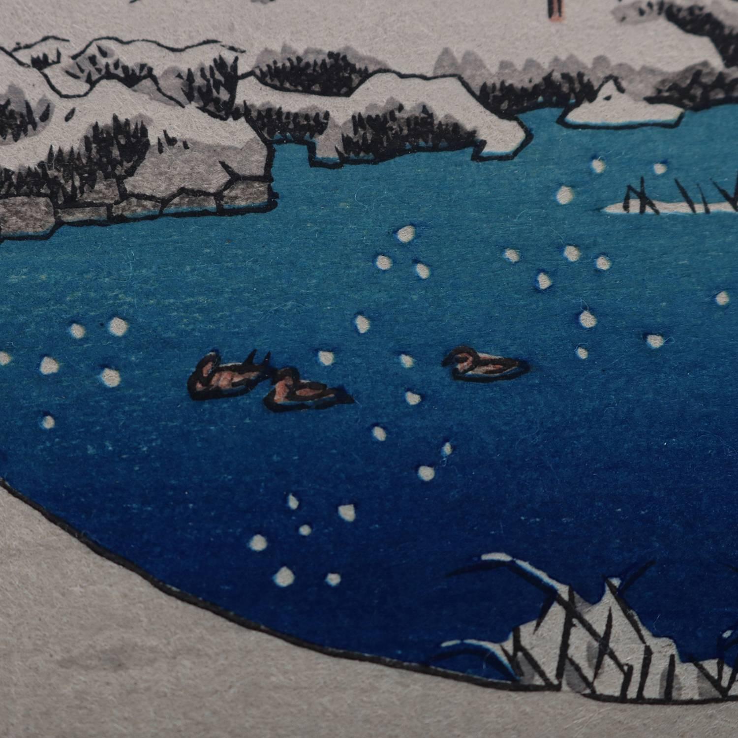 Papier Gravure sur bois de l'école japonaise Hiroshige:: scène de pagode d'hiver:: signée