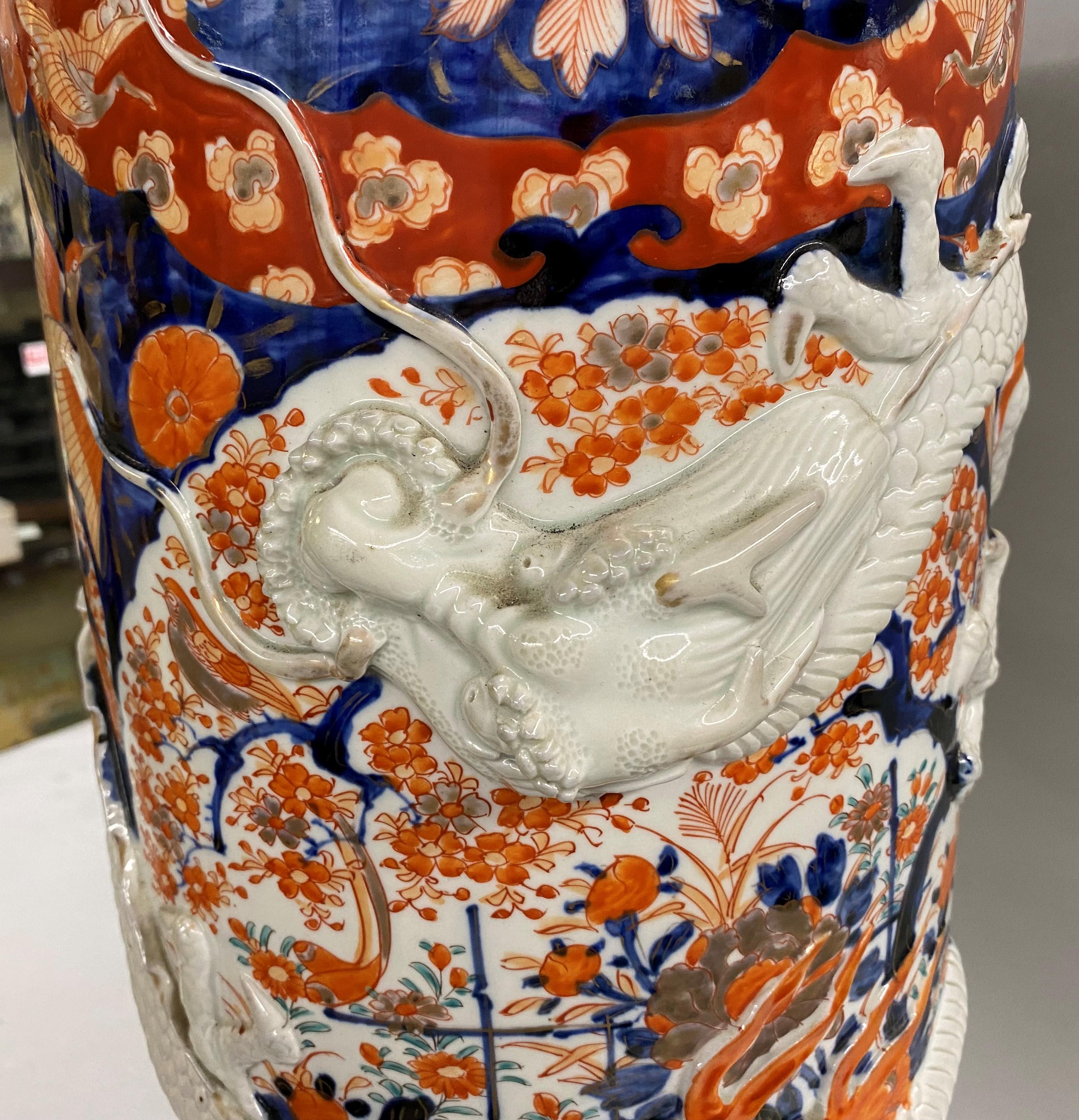 19th c. Japanese Imari Stick or Umbrella Stand with Relief Dragon Decoration In Good Condition In Milford, NH