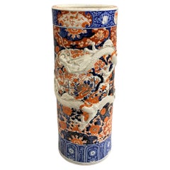 19th c. Japanese Imari Stick or Umbrella Stand with Relief Dragon Decoration