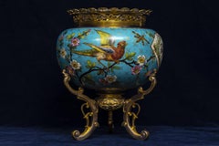 19th C. Japanisme French Porcelain Jardinière w/ Gilt and Silvered-Bronze Stand