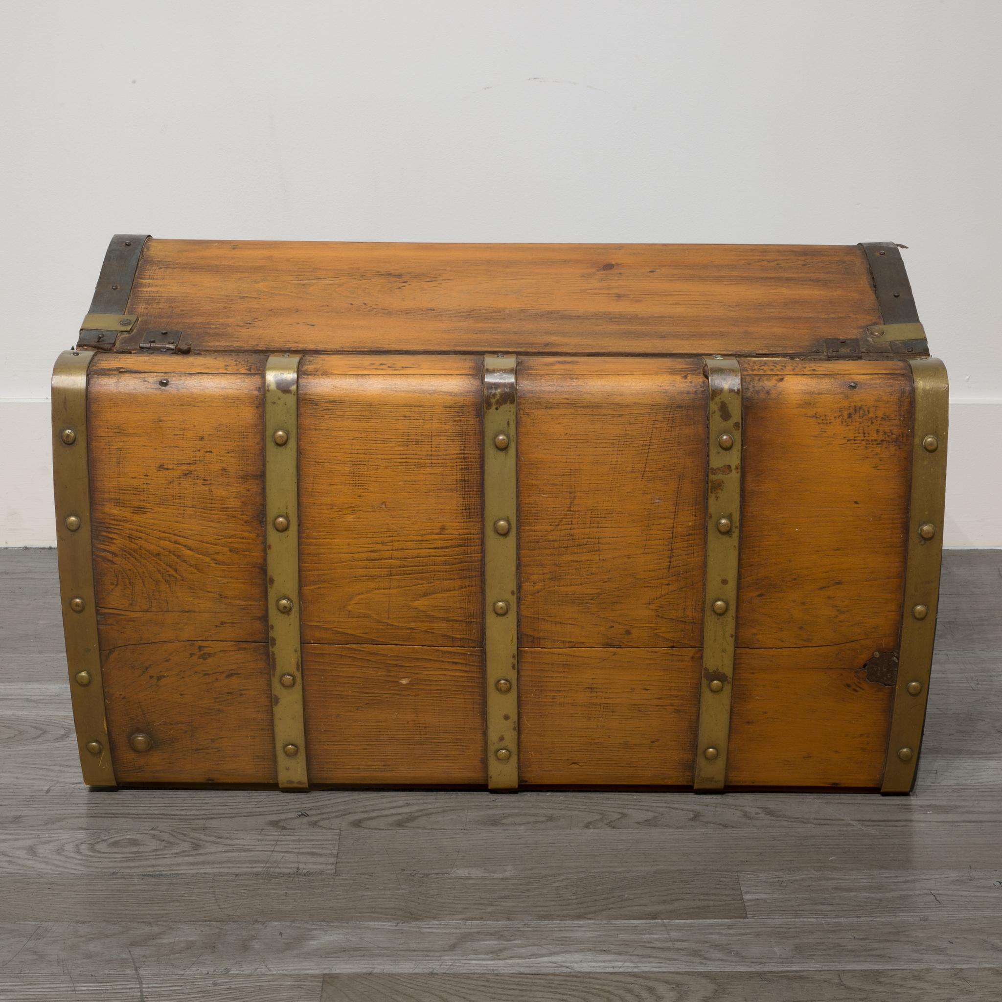 Industrial 19th Century Jenny Lind Wood and Brass Dome Stagecoach Trunk, circa 1850-1860