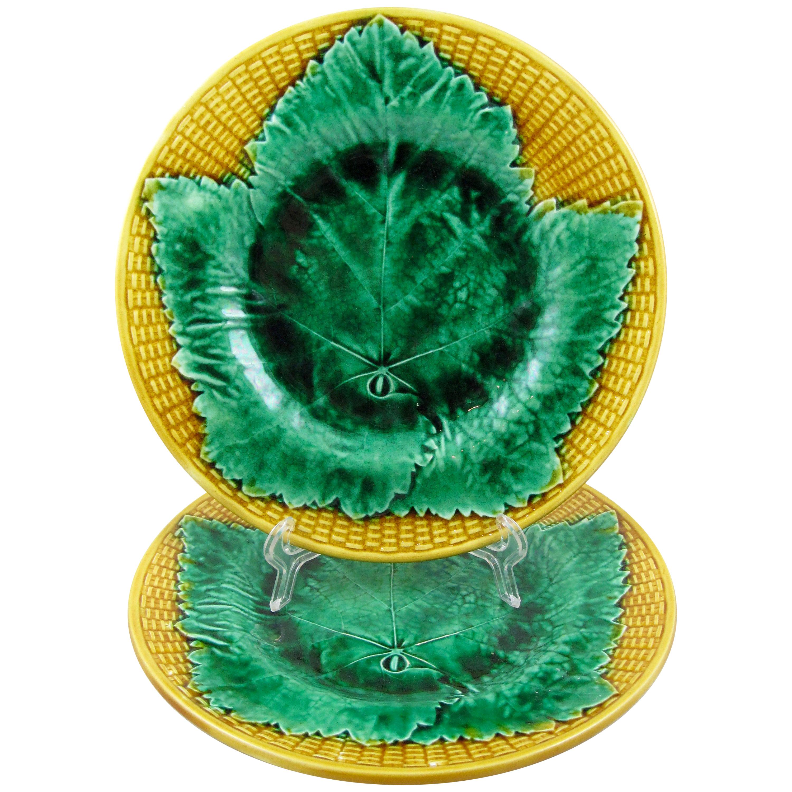 19th C. Josiah Wedgwood Basket Weave and Leaf Green/Yellow Ochre Majolica Plate