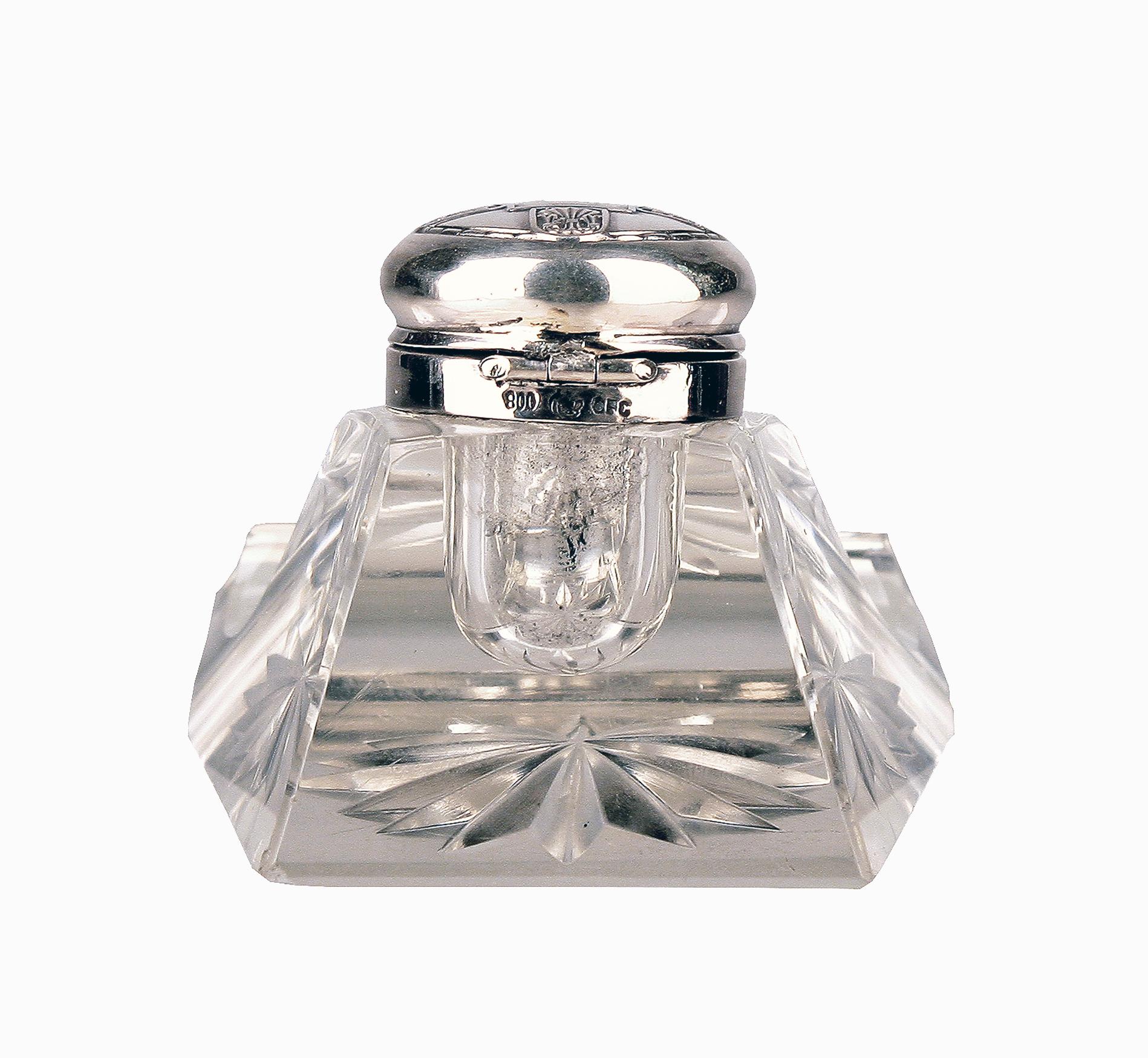 20th Century 19th C. Jugendstil German Cut Glass Crystal Inkwell with Polished 800 Silver Lid For Sale