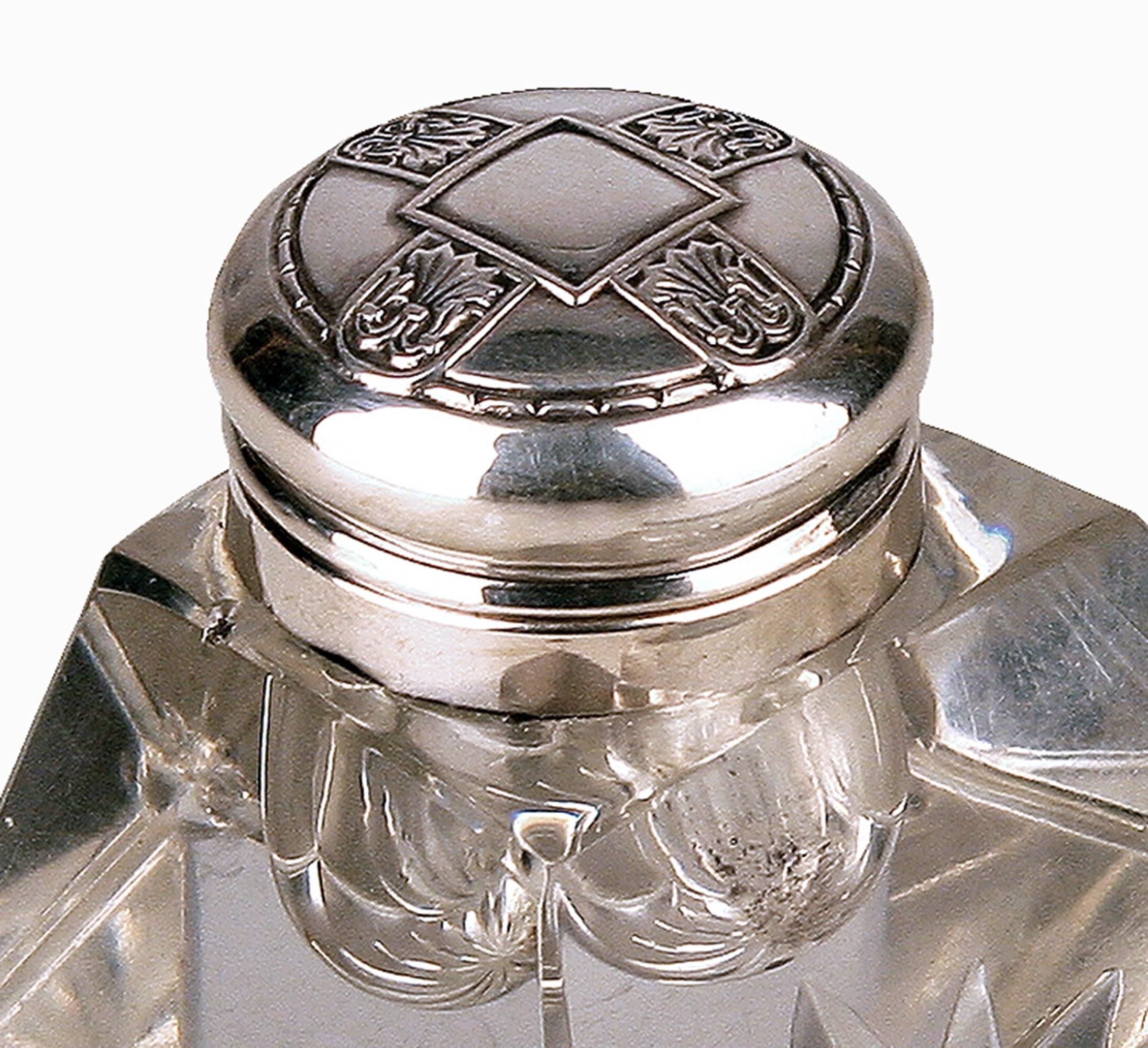 20th Century 19th C. Jugendstil German Cut Glass Crystal Inkwell with Polished 800 Silver Lid For Sale