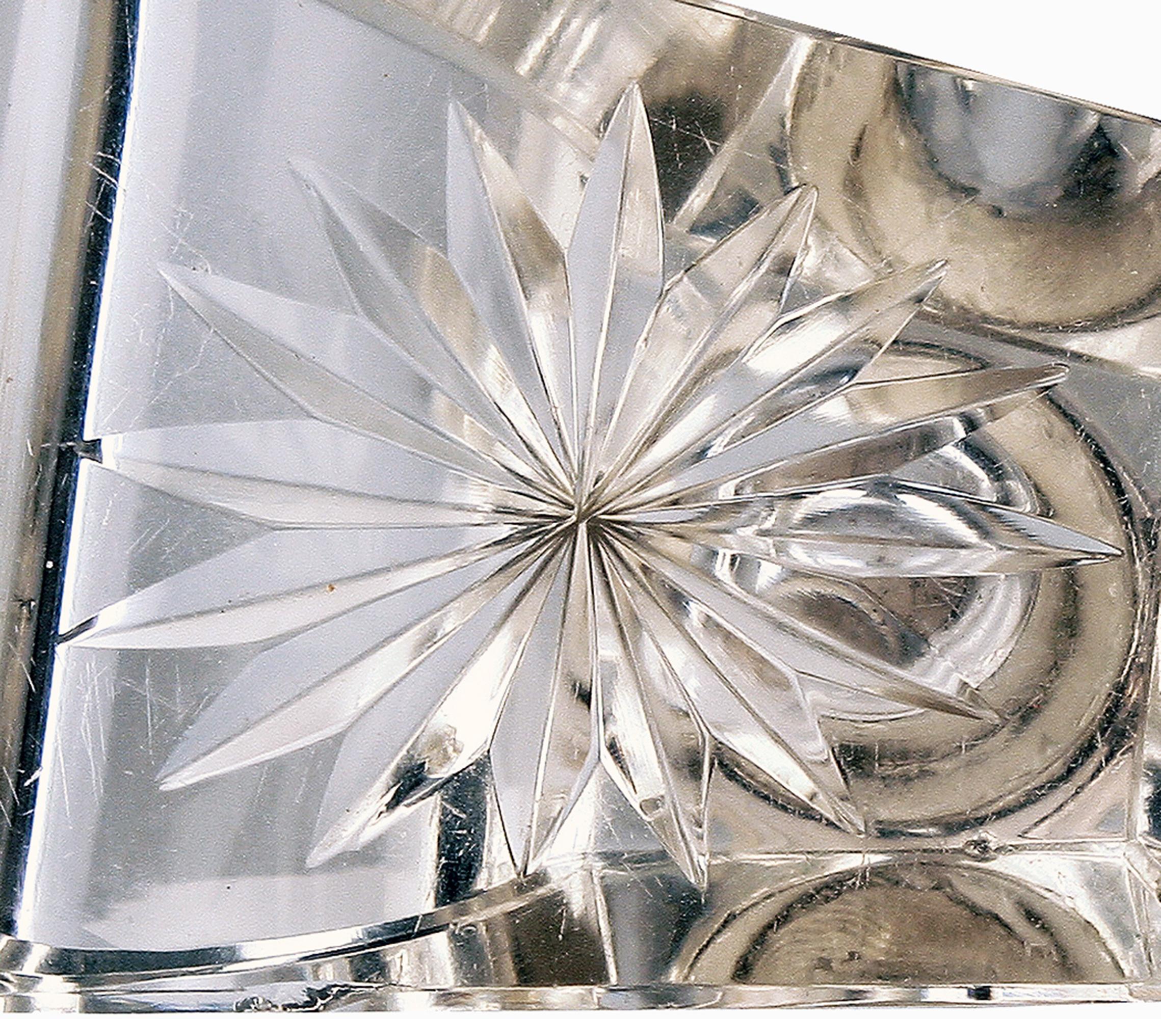 19th C. Jugendstil German Cut Glass Crystal Inkwell with Polished 800 Silver Lid For Sale 2