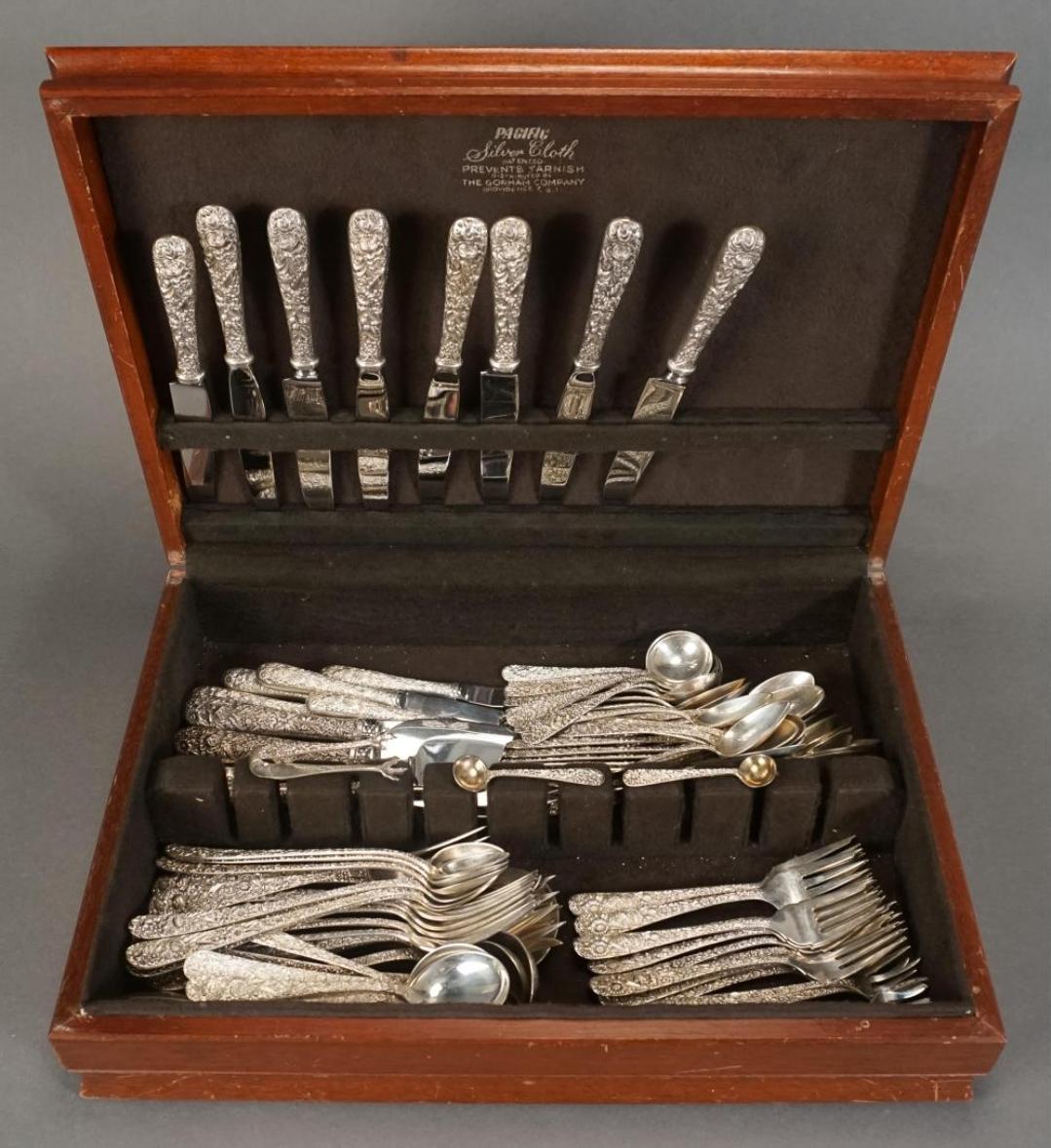 A S. Kirk & Son, Sterling Silver Repousse set of flatware. 117 gorgeous pieces.  Hand chased and hand decorated by prominent American silversmith Samuel Kirk who introduced the Repousse to the United States. out of Baltimore Maryland. This set is