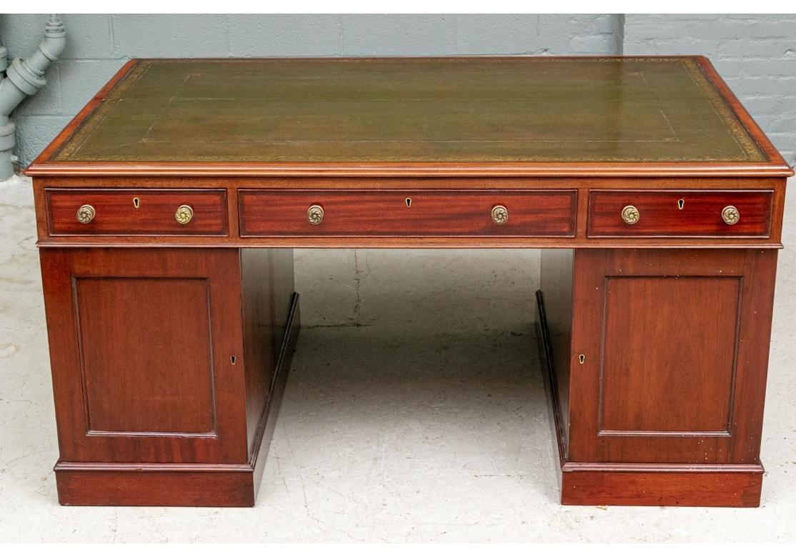 19th C. Knee Hole Partners Desk With Tooled Olive Leather Top For Sale 3