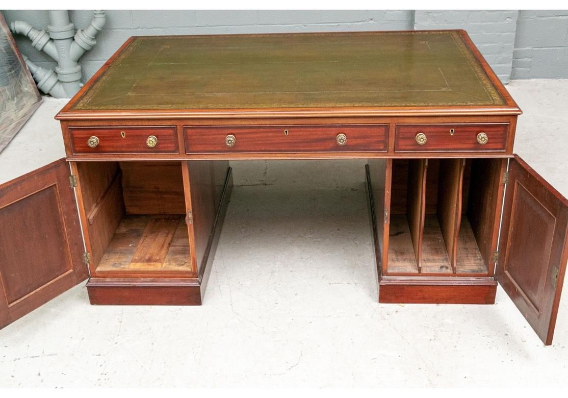 19th C. Knee Hole Partners Desk With Tooled Olive Leather Top For Sale 4