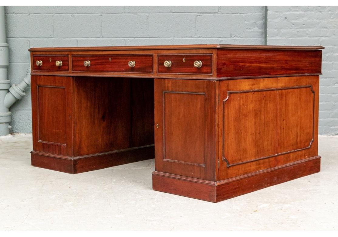 19th C. Knee Hole Partners Desk With Tooled Olive Leather Top For Sale 7