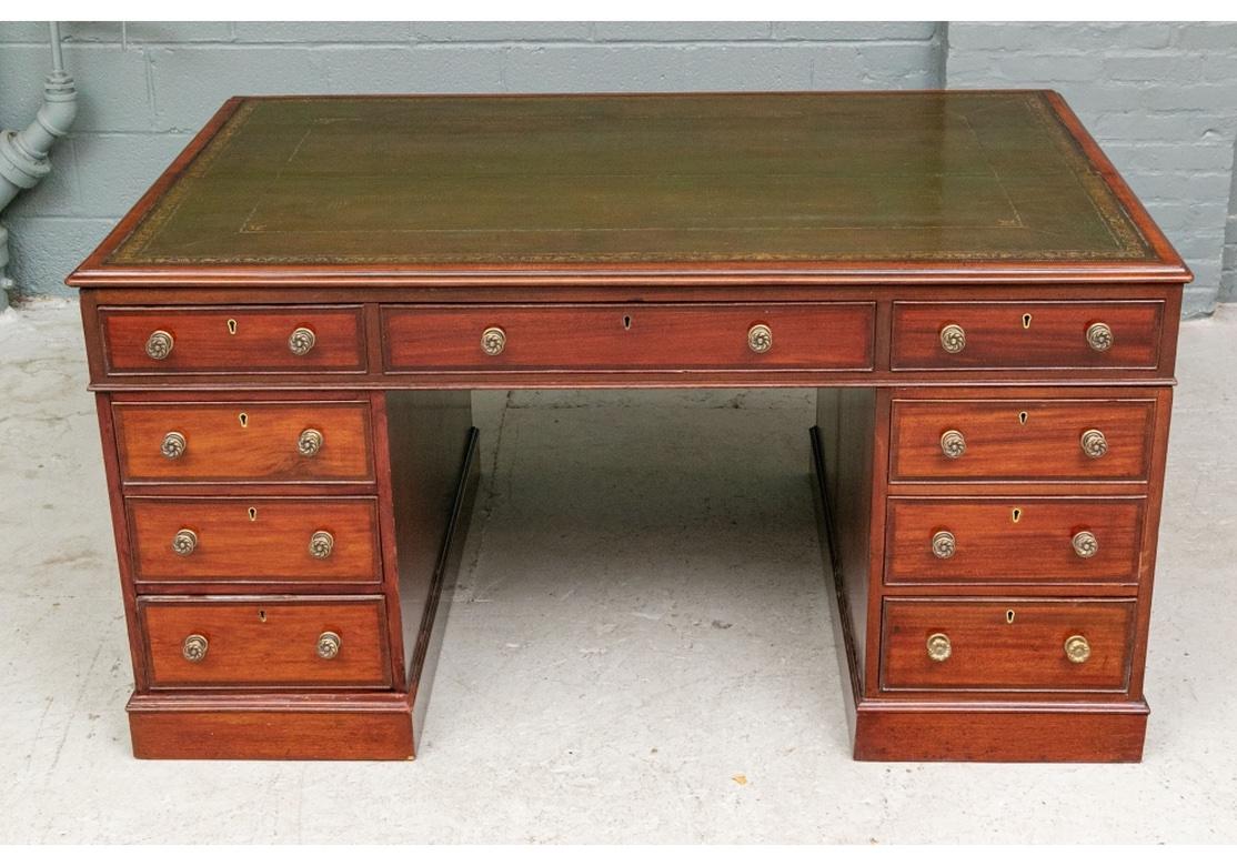 Georgian 19th C. Knee Hole Partners Desk With Tooled Olive Leather Top For Sale