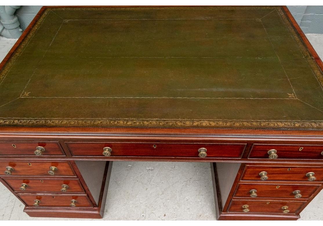 19th C. Knee Hole Partners Desk With Tooled Olive Leather Top For Sale 1