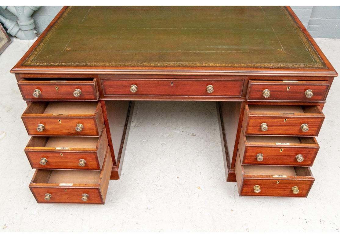19th C. Knee Hole Partners Desk With Tooled Olive Leather Top For Sale 2
