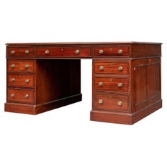 19th C. Knee Hole Partners Desk With Tooled Olive Leather Top