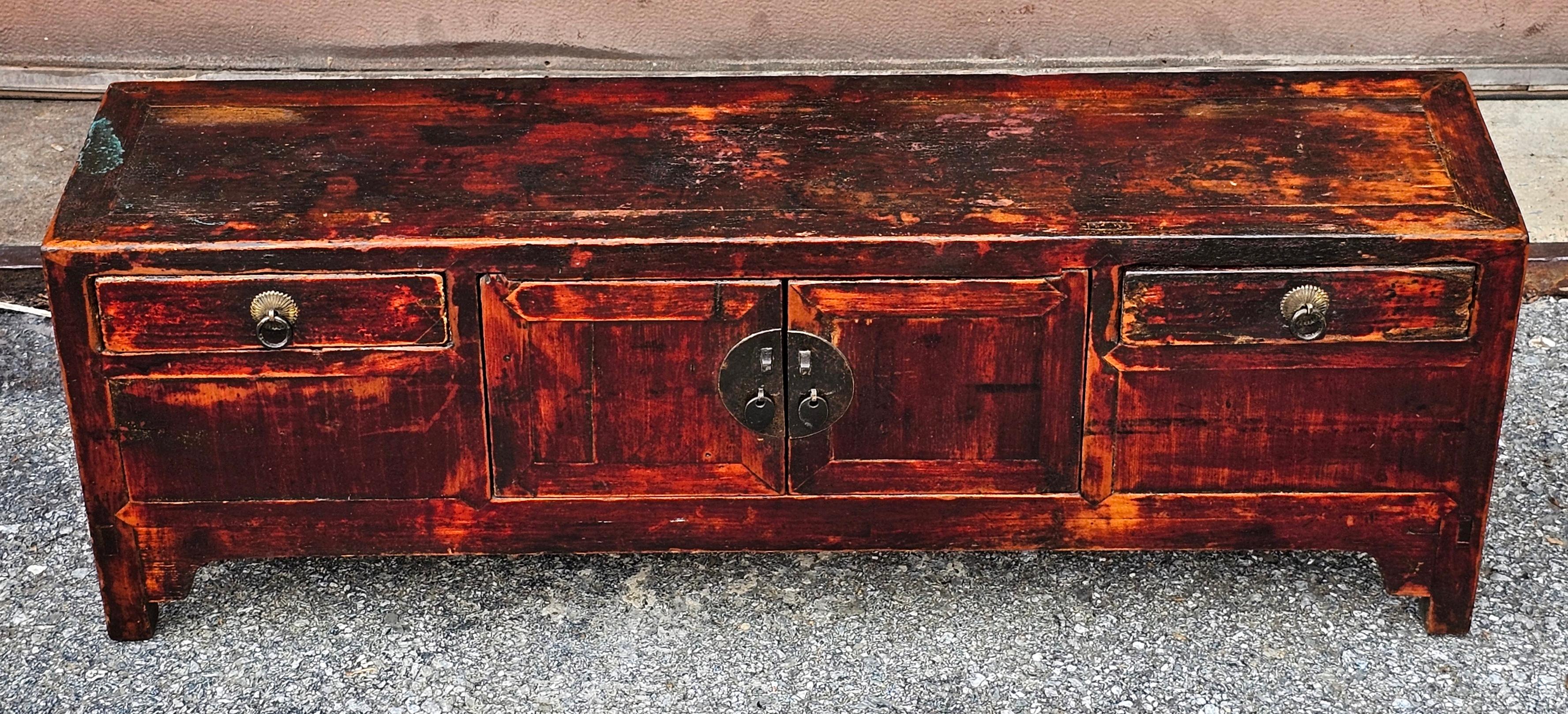Qing 19th C. Korean Partial Rouge Hardwood Petite Low Storage Cabinet / Bench For Sale