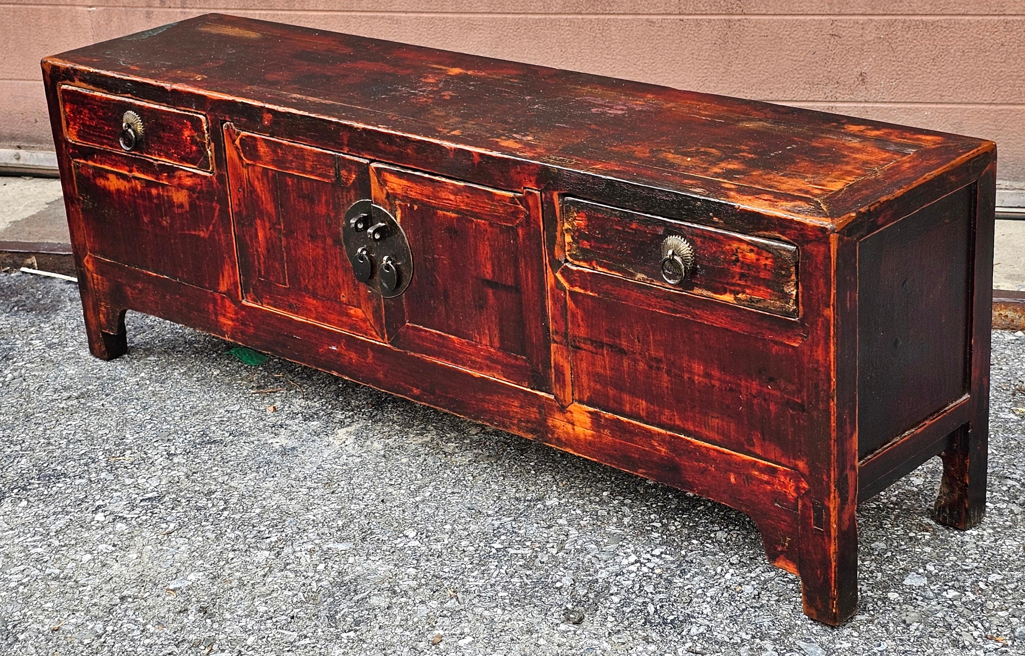 Hand-Crafted 19th C. Korean Partial Rouge Hardwood Petite Low Storage Cabinet / Bench For Sale