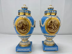 19th C. Kpm Porcelain Celestial Blue Ground & Grisaille Window Urns - Pair