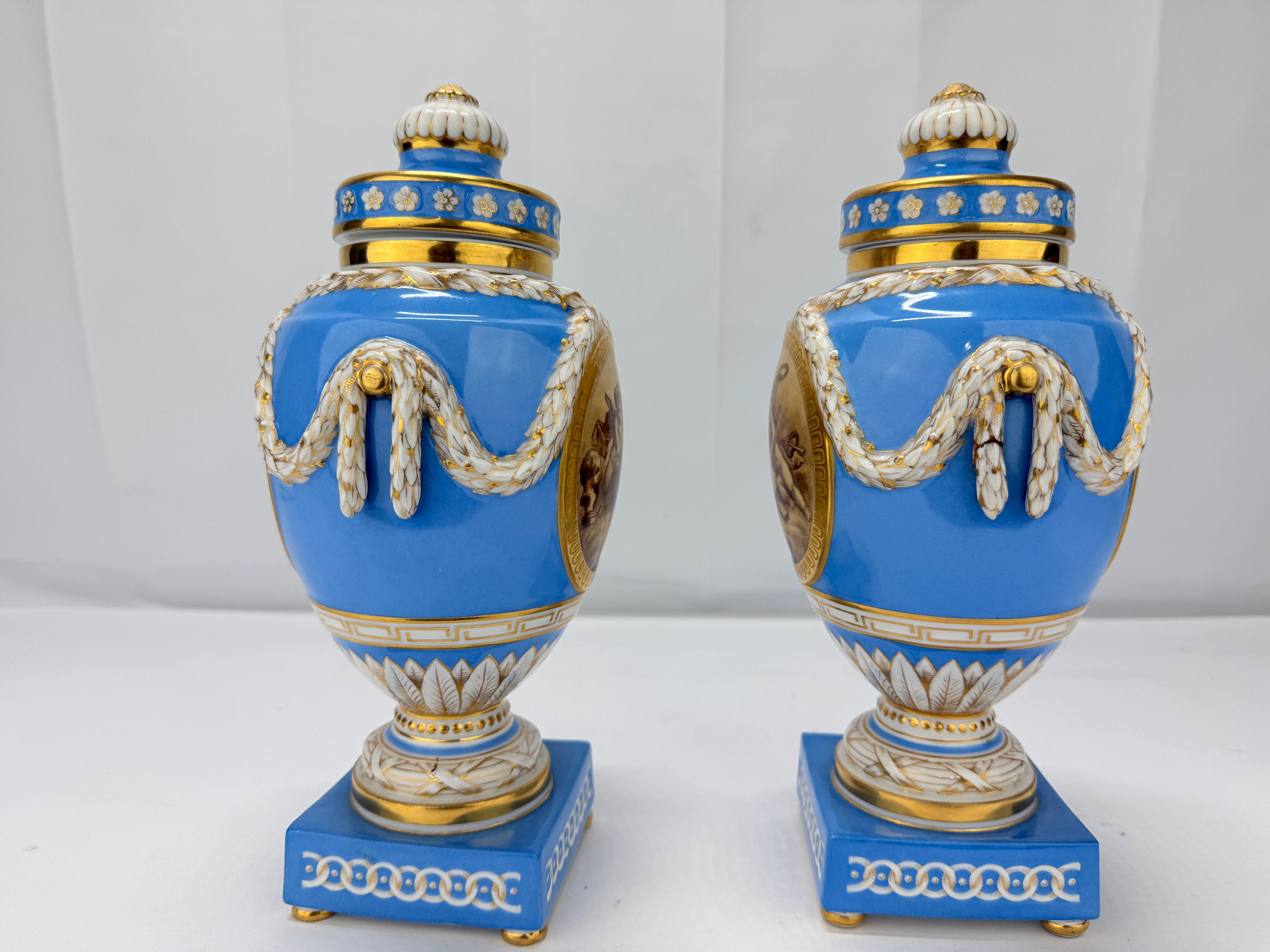 Neoclassical 19th C. Kpm Porcelain Celestial Blue Ground & Grisaille Window Urns - Pair For Sale