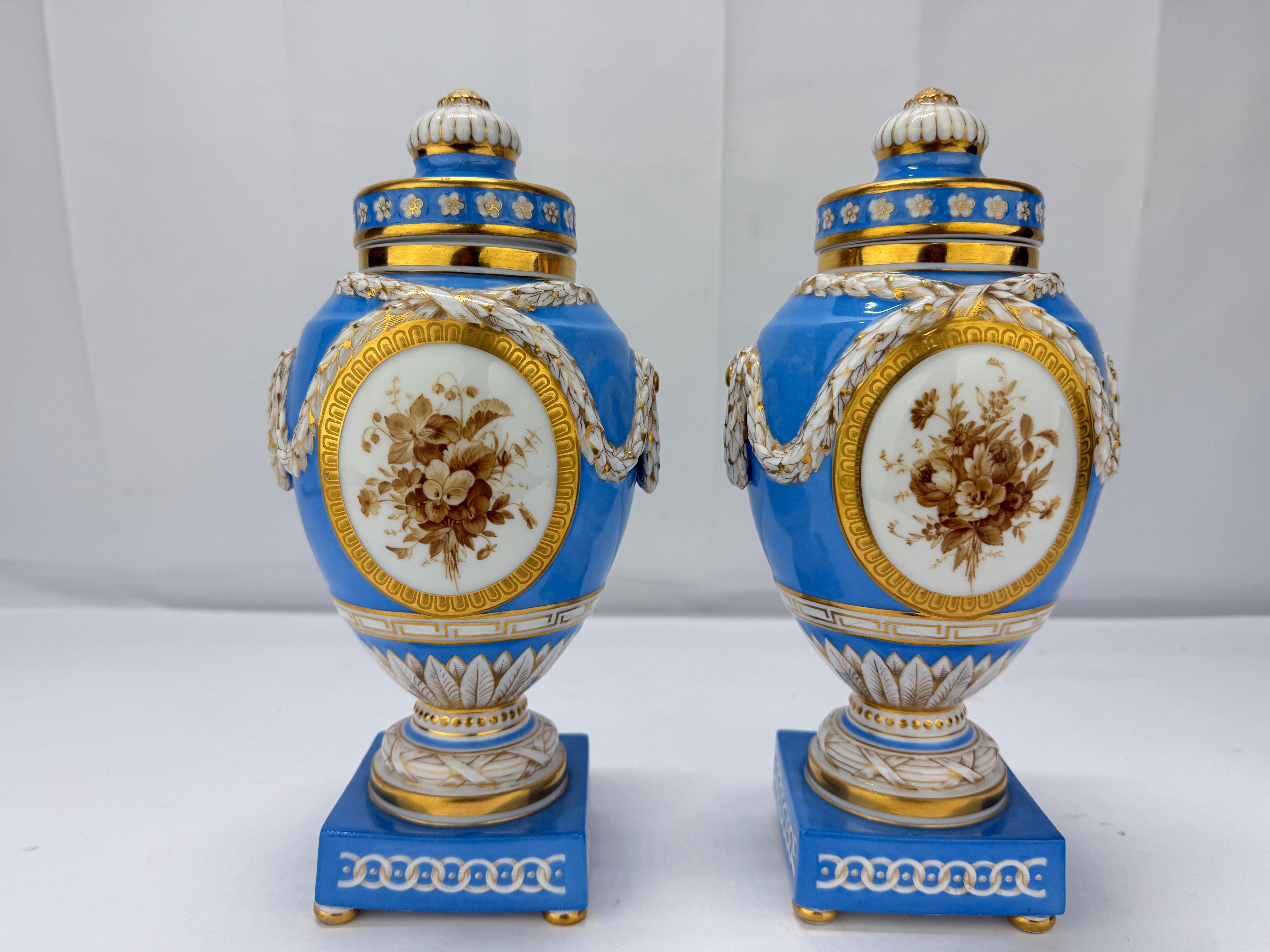 German 19th C. Kpm Porcelain Celestial Blue Ground & Grisaille Window Urns - Pair For Sale