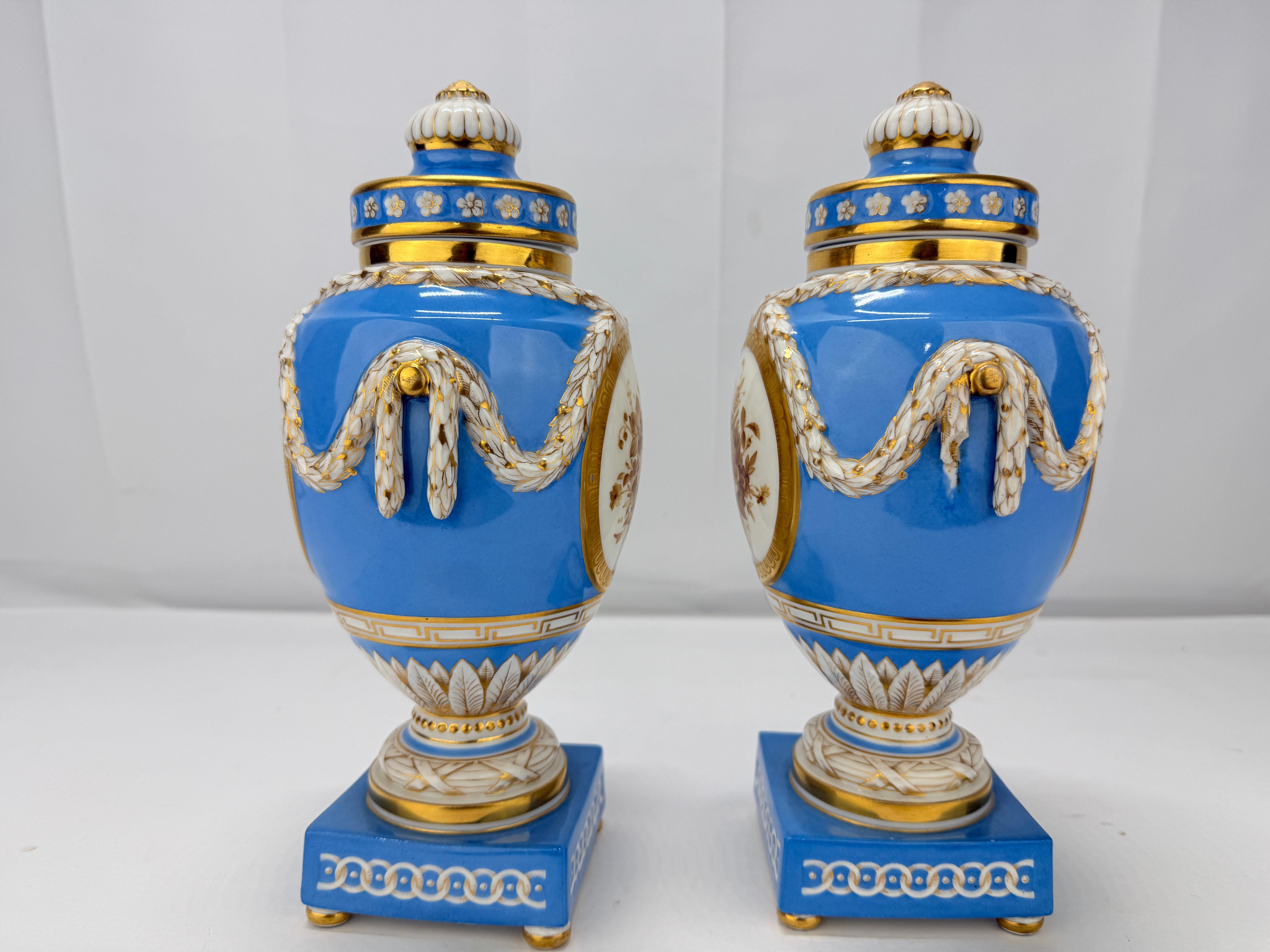 19th C. Kpm Porcelain Celestial Blue Ground & Grisaille Window Urns - Pair In Good Condition For Sale In Atlanta, GA