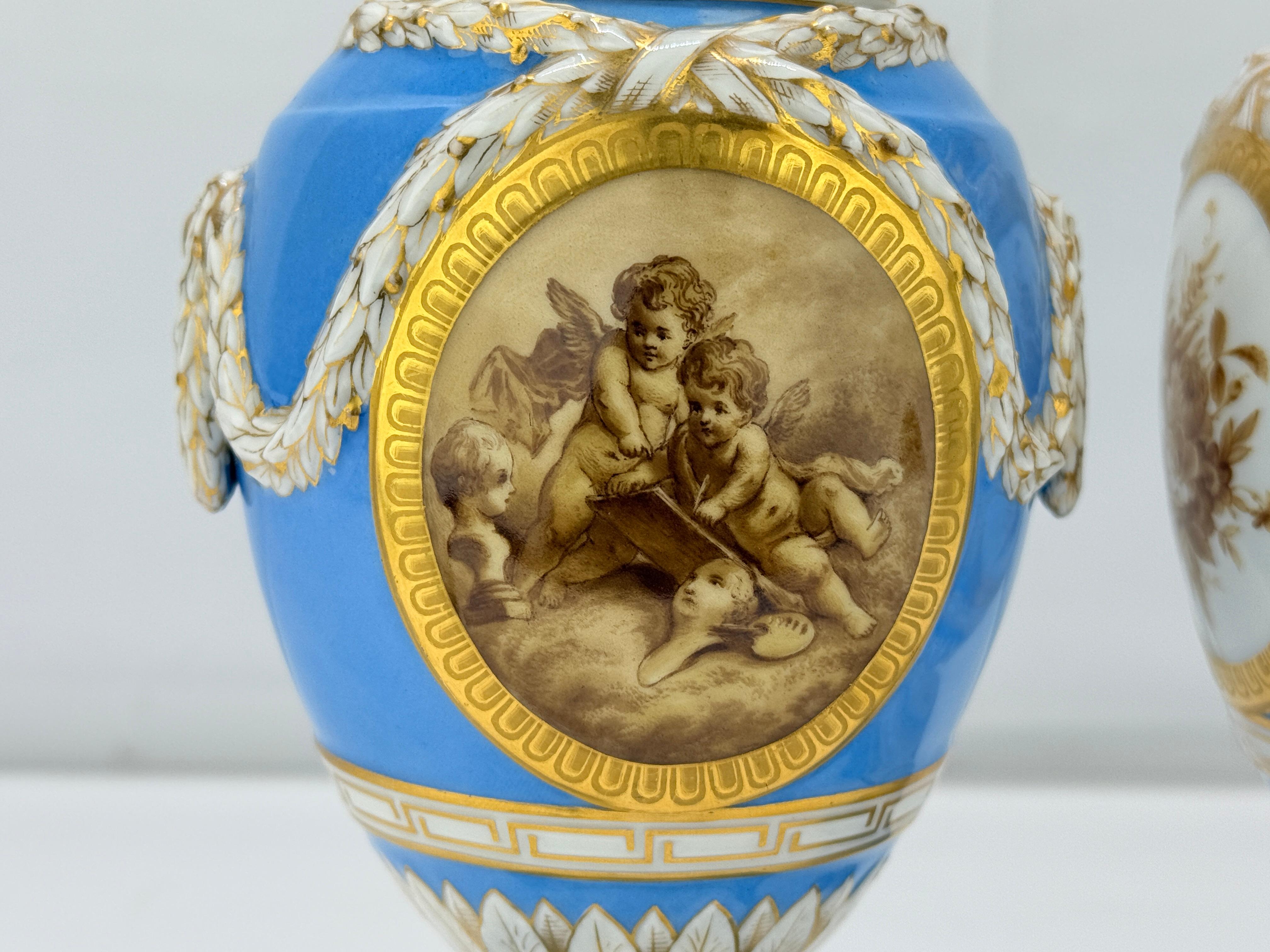 19th Century 19th C. Kpm Porcelain Celestial Blue Ground & Grisaille Window Urns - Pair For Sale