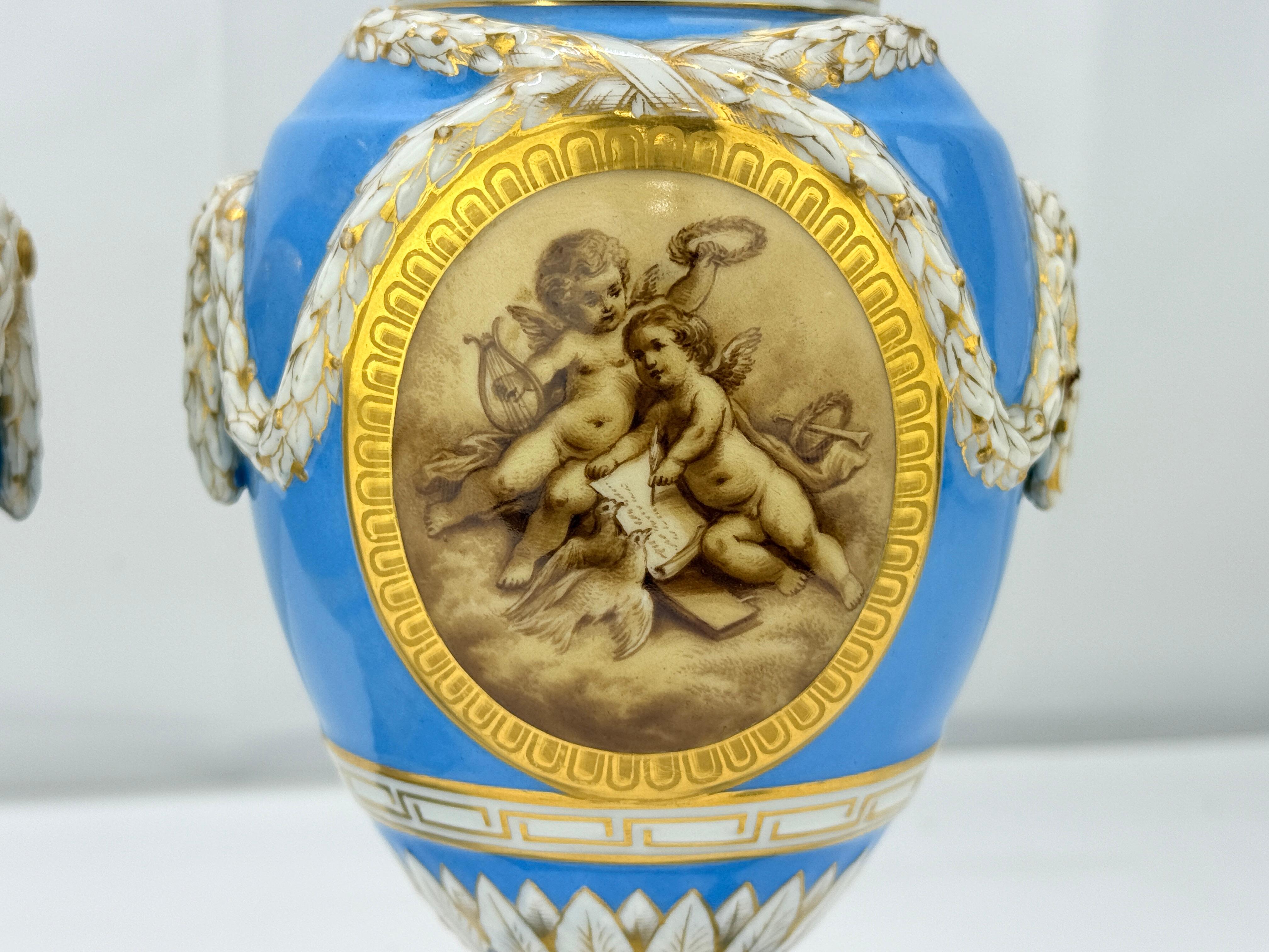 19th C. Kpm Porcelain Celestial Blue Ground & Grisaille Window Urns - Pair For Sale 1