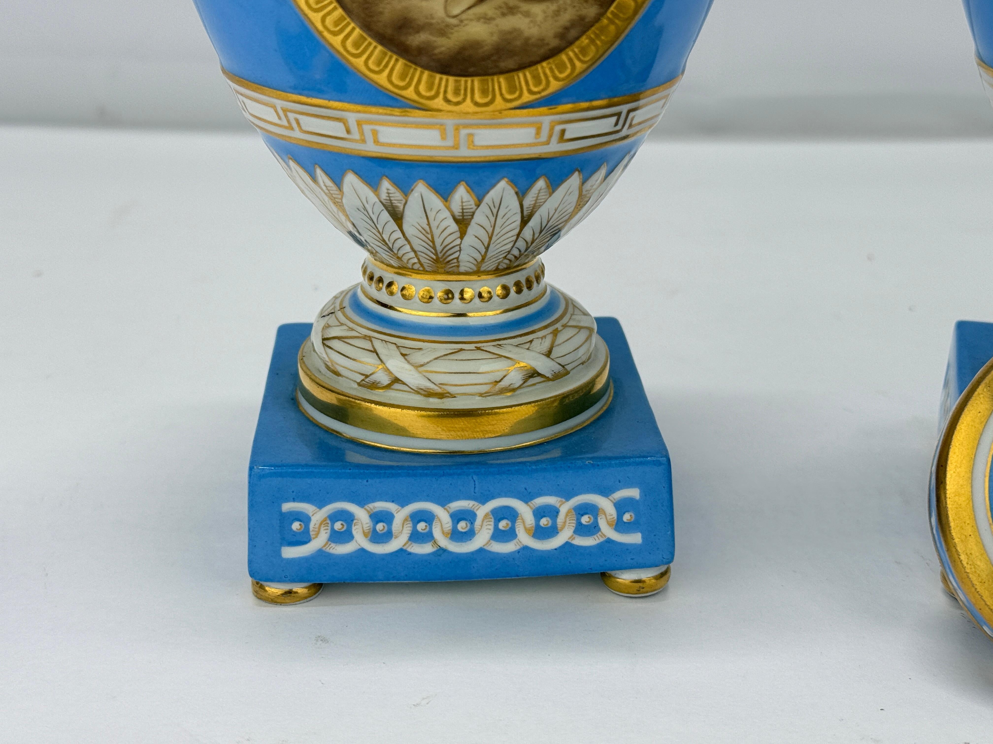 19th C. Kpm Porcelain Celestial Blue Ground & Grisaille Window Urns - Pair For Sale 3