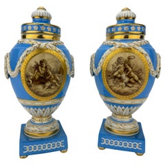 19th C. Kpm Porcelain Celestial Blue Ground & Grisaille Window Urns - Pair