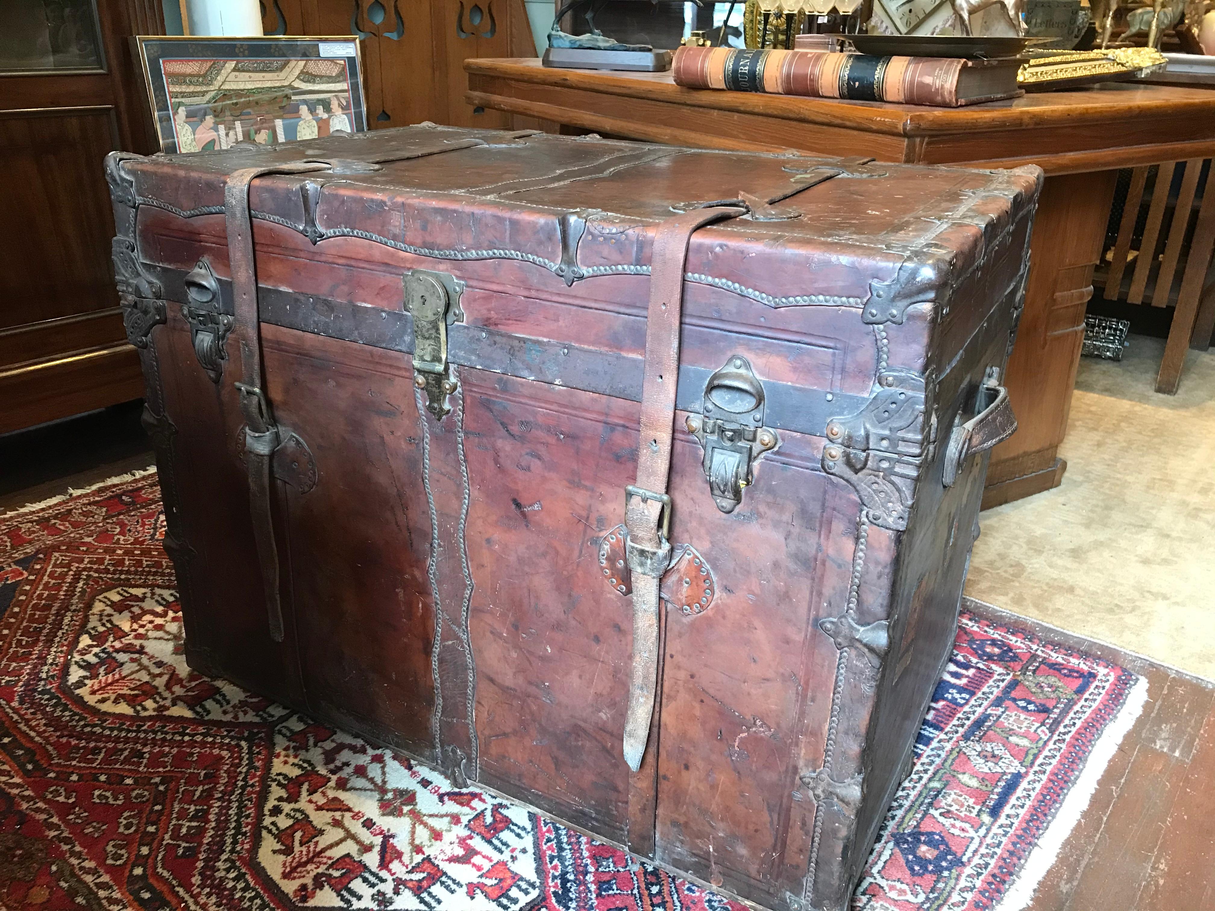 Rare all leather late Victorian Steamship Trunk in very good original intact condition. Unrestored with authentic patina and oozing charm and history down to export tags showing origin as Massachusetts and Destination as Victoria, BC. This is one