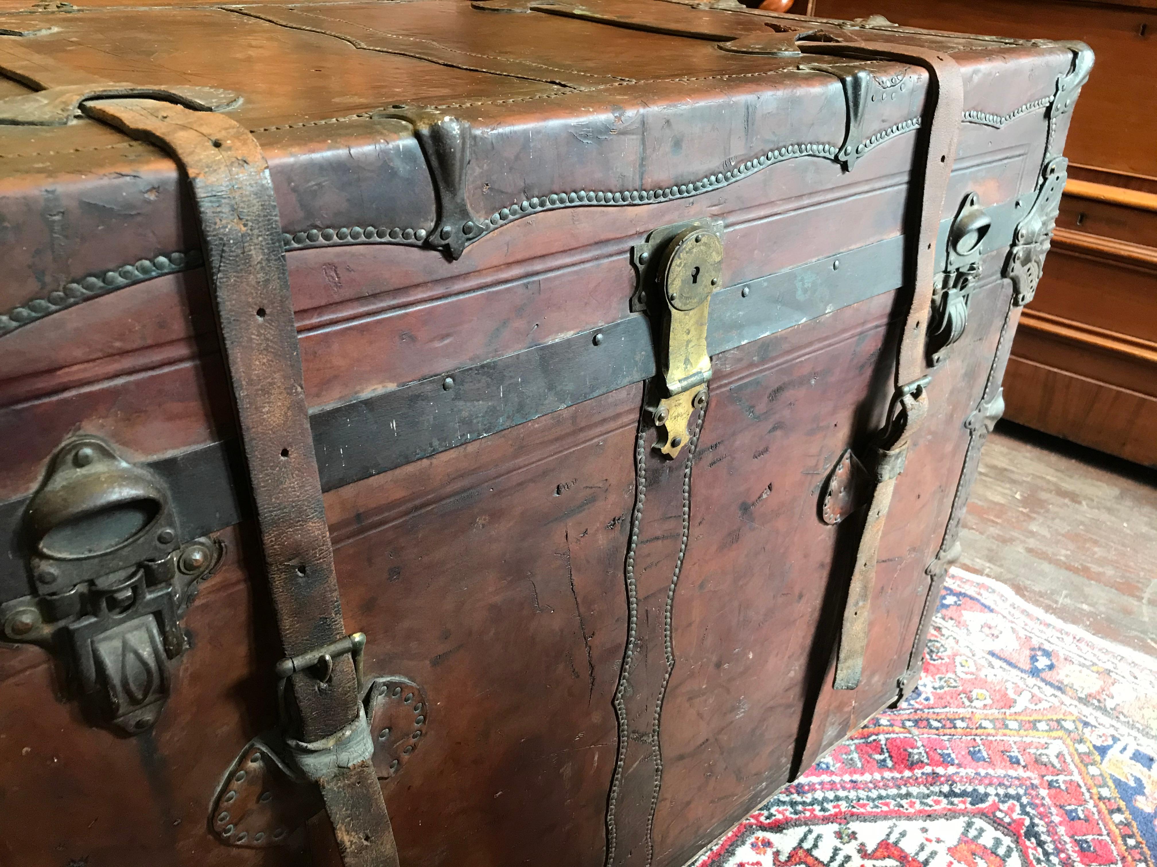 Victorian 19th C. Large American All Leather Steamship Trunk with Dated Export Travel Tags For Sale