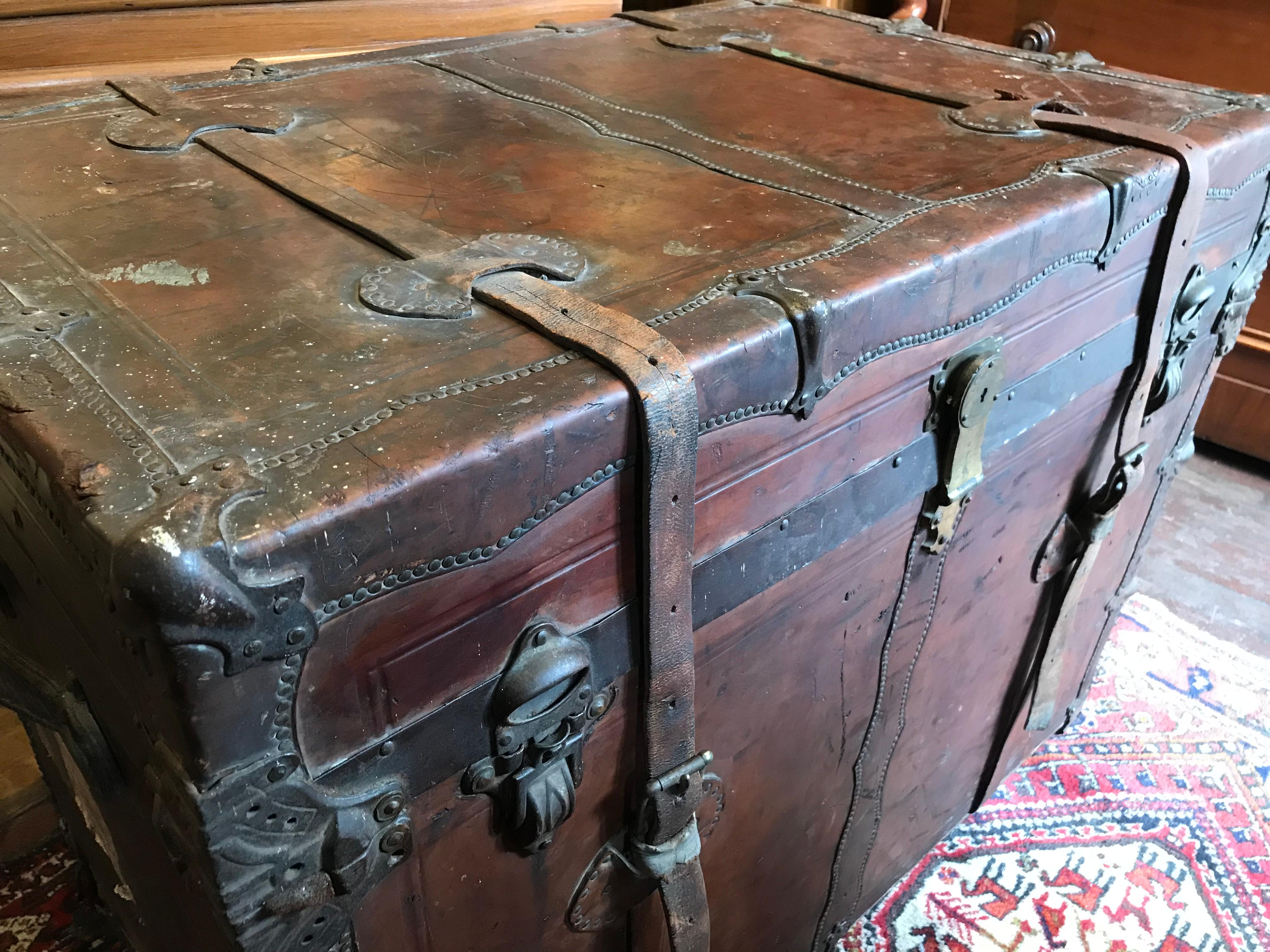 Hand-Crafted 19th C. Large American All Leather Steamship Trunk with Dated Export Travel Tags For Sale
