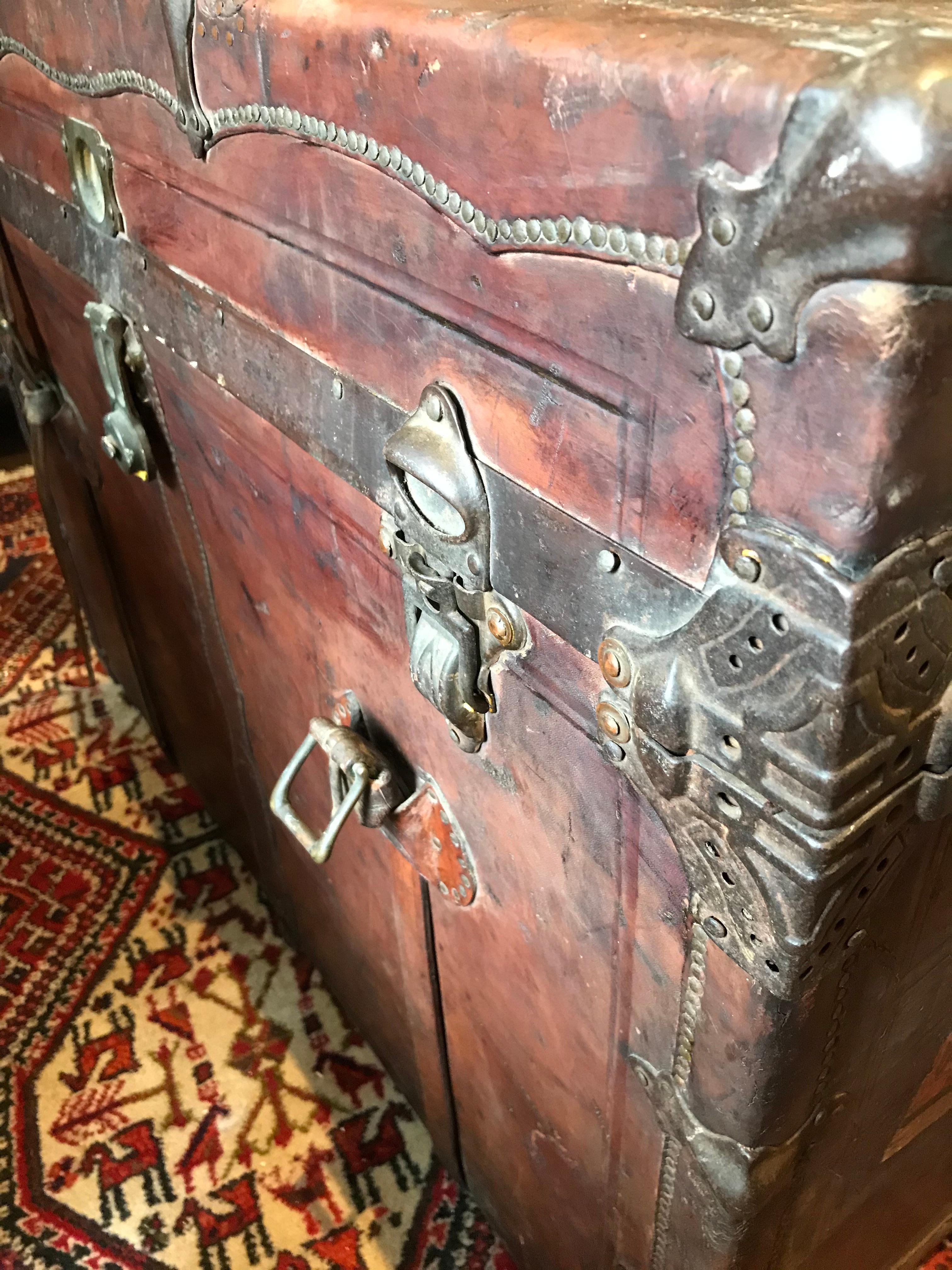 Late 19th Century 19th C. Large American All Leather Steamship Trunk with Dated Export Travel Tags For Sale