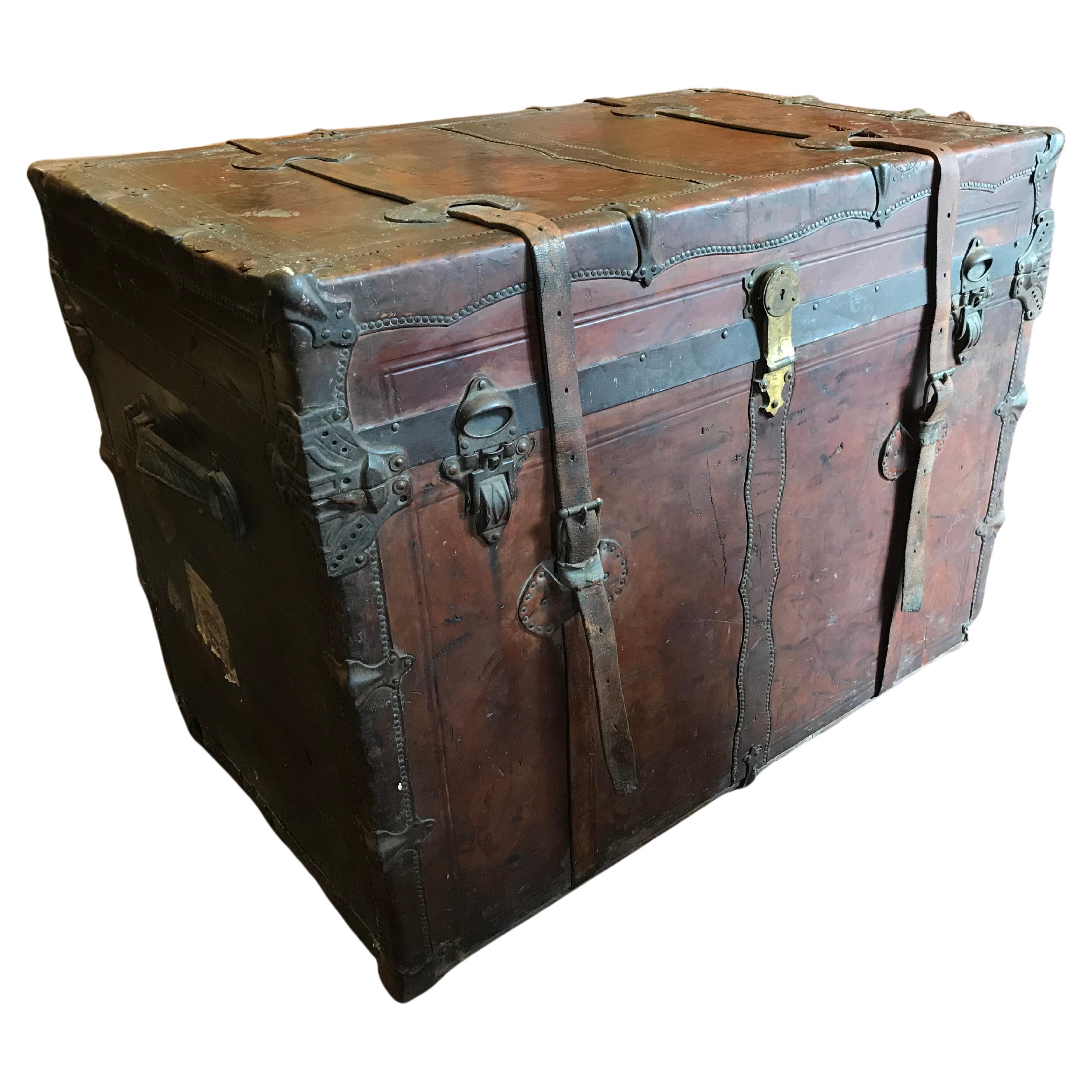 19th C. Large American All Leather Steamship Trunk with Dated Export Travel Tags For Sale